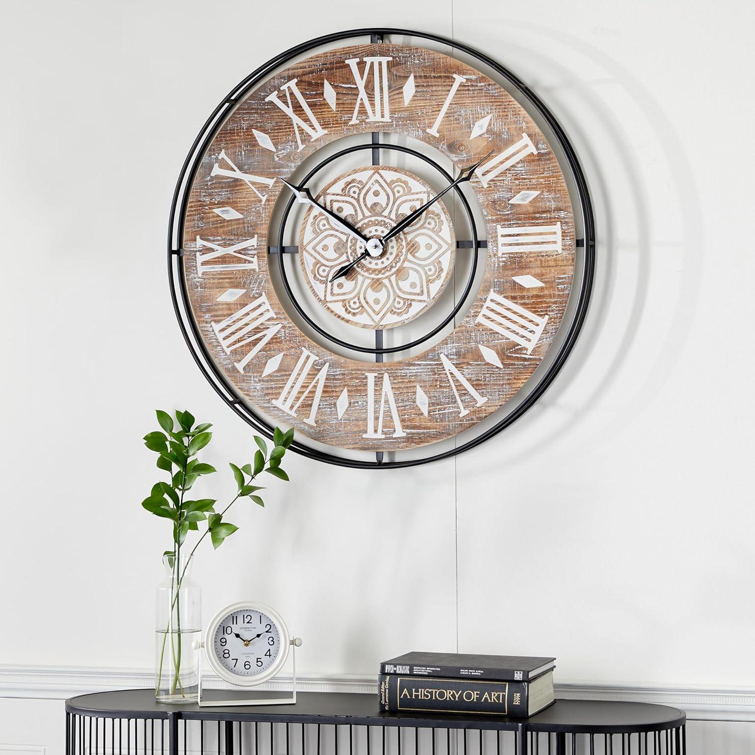 DecMode 34" Brown Metal Wall Clock with Wood Accents