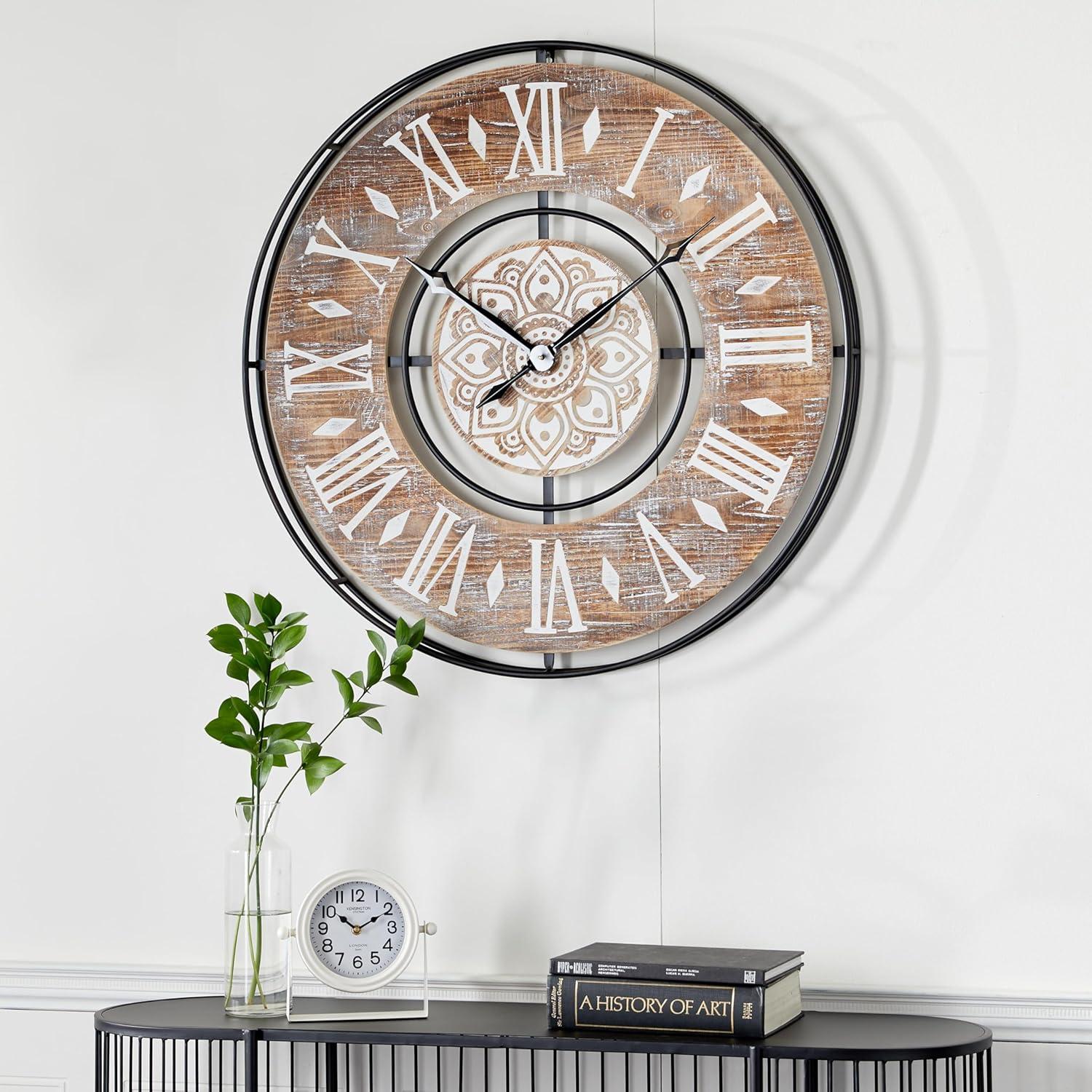 DecMode 34" Brown Metal Floral Wall Clock with Wood Accents