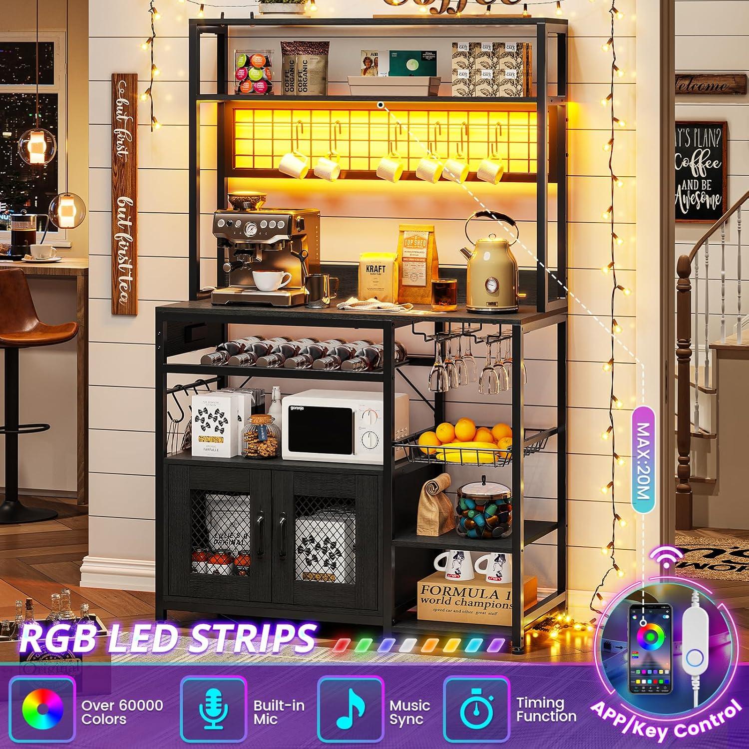 Kitchen Bakers Rack with Storage Shelves, Microwave Stand with Power Outlet and LED Light, Coffee Bar Cabinet Wire Basket Metal Grid Wine Rack Goblet Holder Hooks (Black, Small)