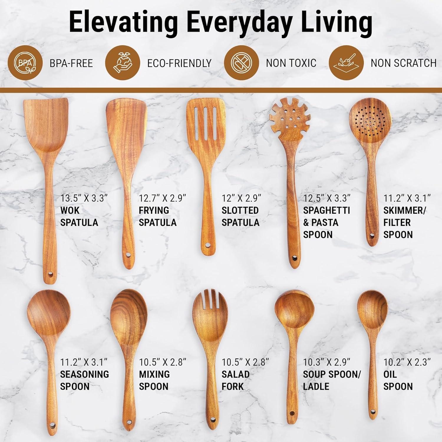 Wooden Spoons for Cooking, 10 Pcs Teak Wood Cooking Utensil Set ‚ Wooden Kitchen Utensils for Nonstick Pans & Cookware ‚ Sturdy, Lightweight & Heat Resistant