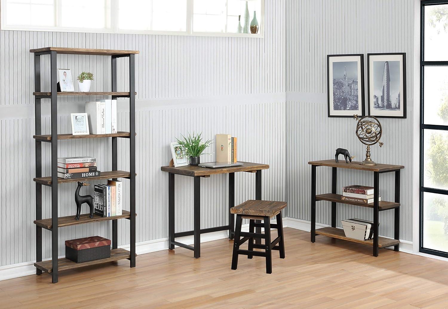 Modern Farmhouse 71" Black Pine Wood Bookcase with Metal Legs