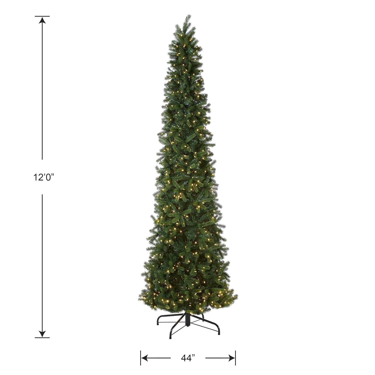 12' Prelit Pencil Slim Feel Real Downswept Douglas Fir Artificial Christmas Tree Dual Color Lights - National Tree Company