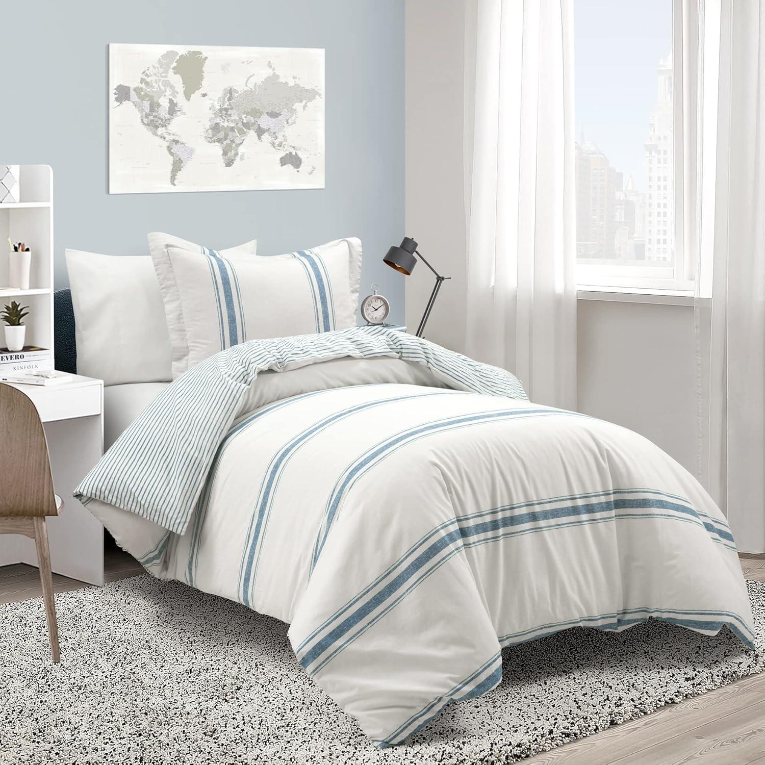 Blue and White Cotton Twin XL Reversible Duvet Cover Set