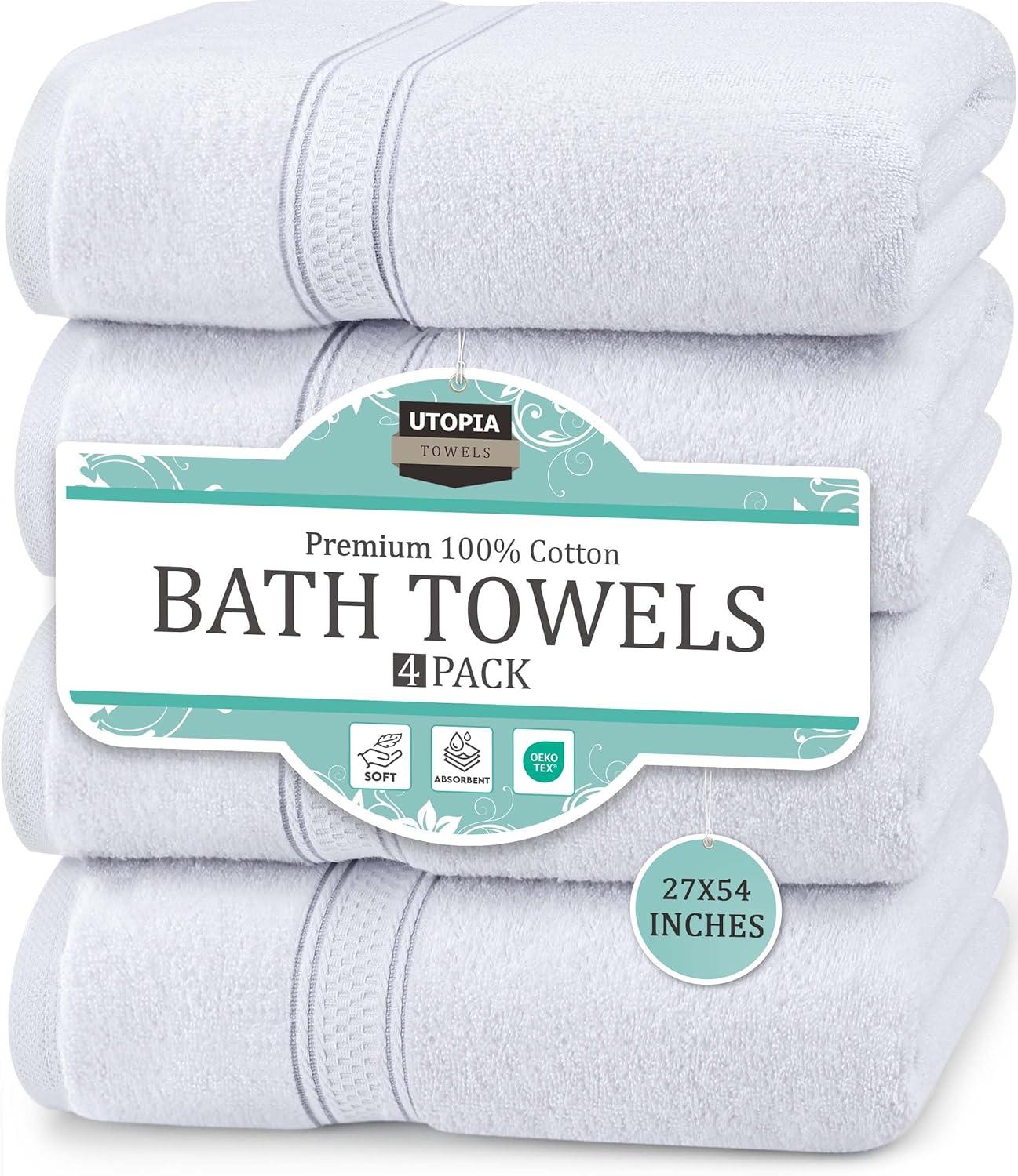 Utopia Towels 4 Pack Bath Towels Set, 100% Ring Spun Cotton, Soft and Highly Absorbent Wash Towels for Body and Showering – Perfect for Daily Use (27 x 54 Inches)(White)