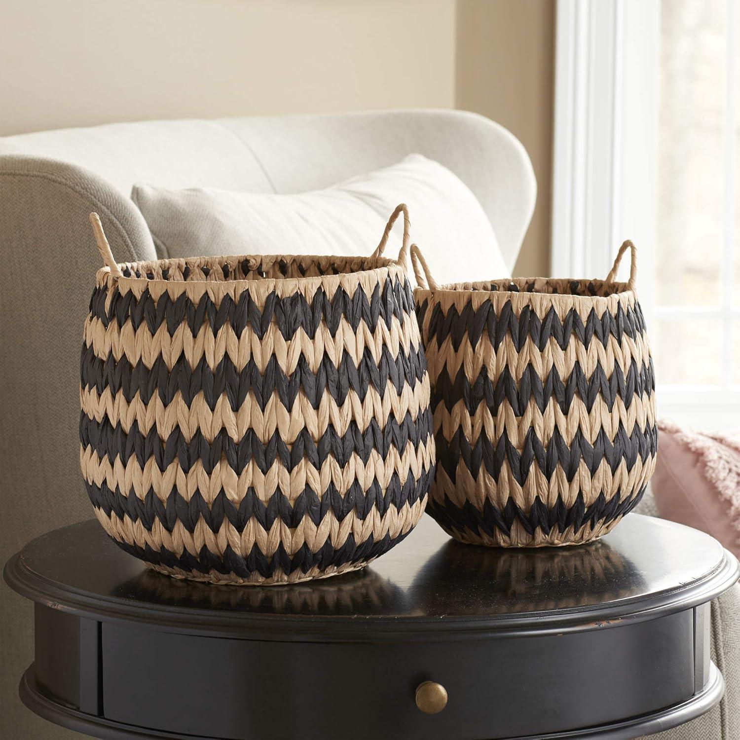 Household Essentials Set of 2 Flame Stitch Baskets Cattail and Paper Fibers: Handwoven Round Black Decorative Storage