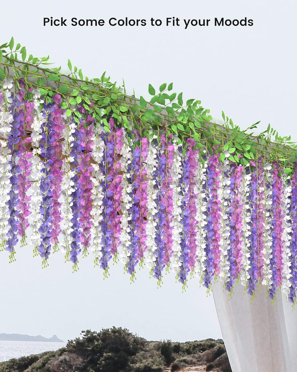 JACKYLED 40 Branches Wisteria Hanging Flowers 6 Feet Artificial White Vine Silk Wisteria Flowers Garland for Wedding Arch Party Garden Home Decor (4 Packs)