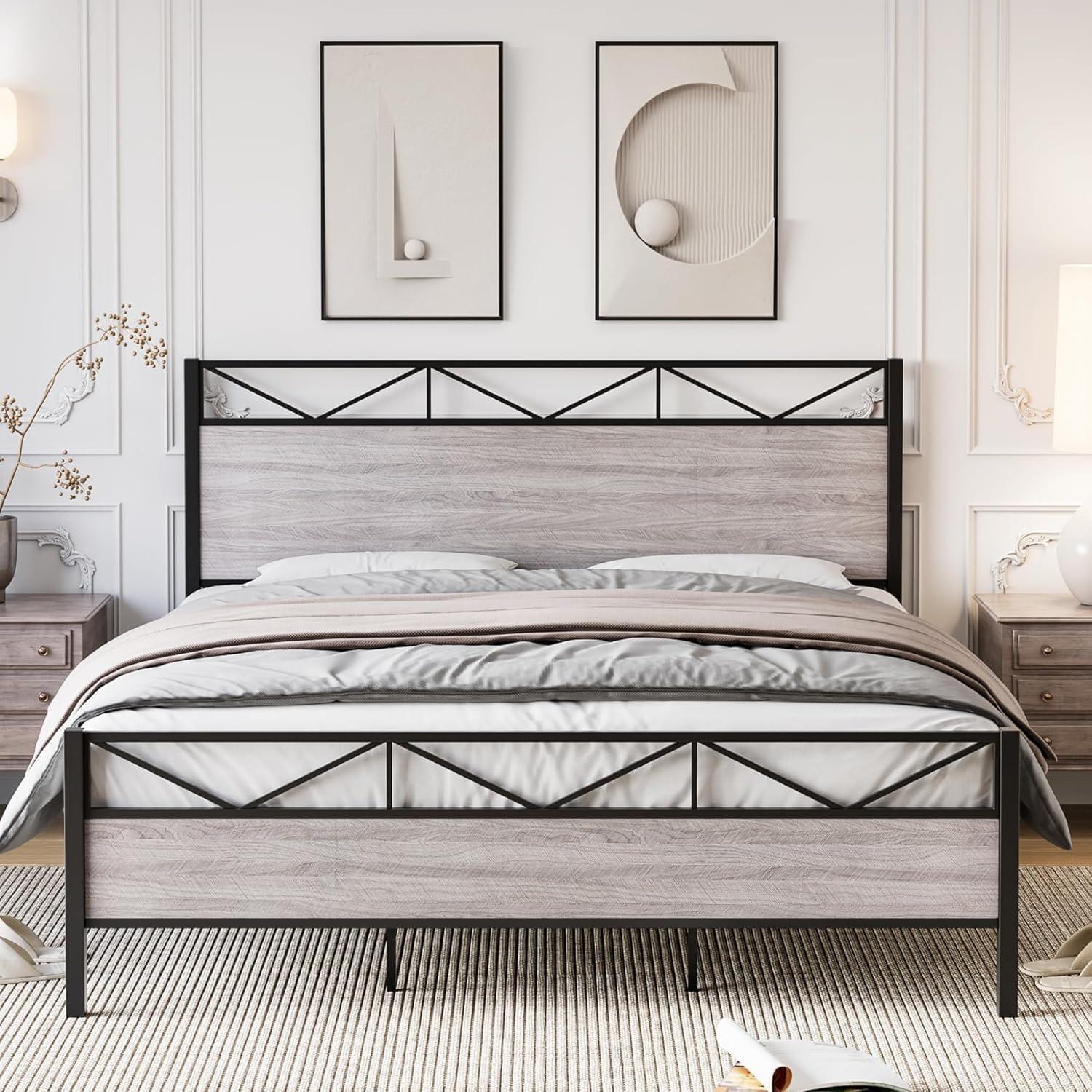 Gray Queen Size Metal and MDF Bed Frame with Headboard