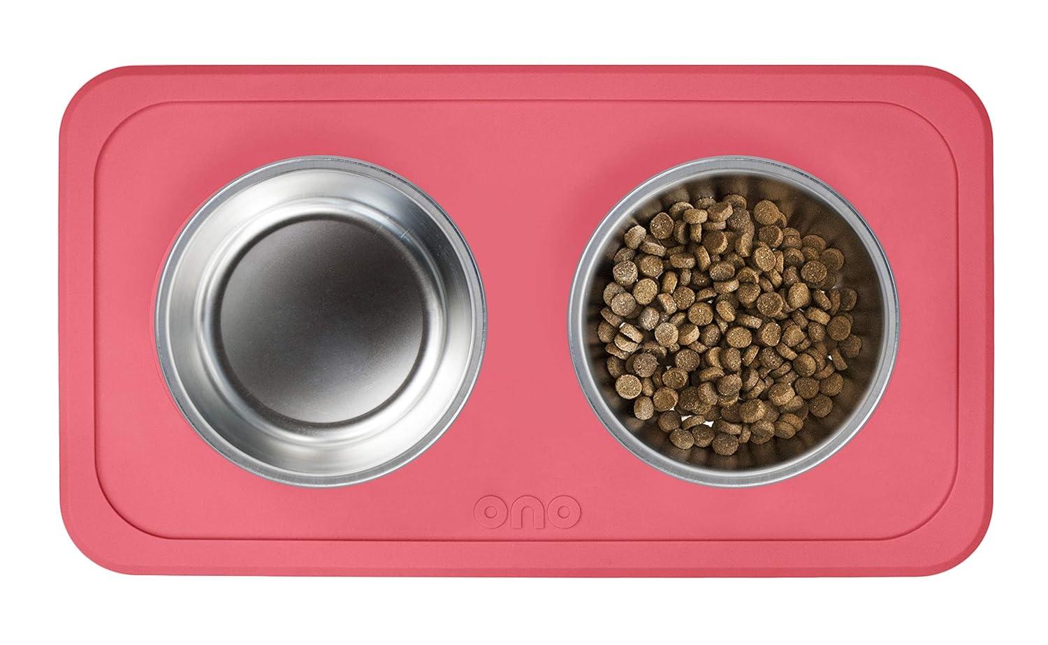 Ono Good Bowl Food & Water Double Feeder - Small to Medium Pets No Spill Non Skid Silicone Mat & Stainless Steel Bowl for Dogs or Cats (Charcoal)