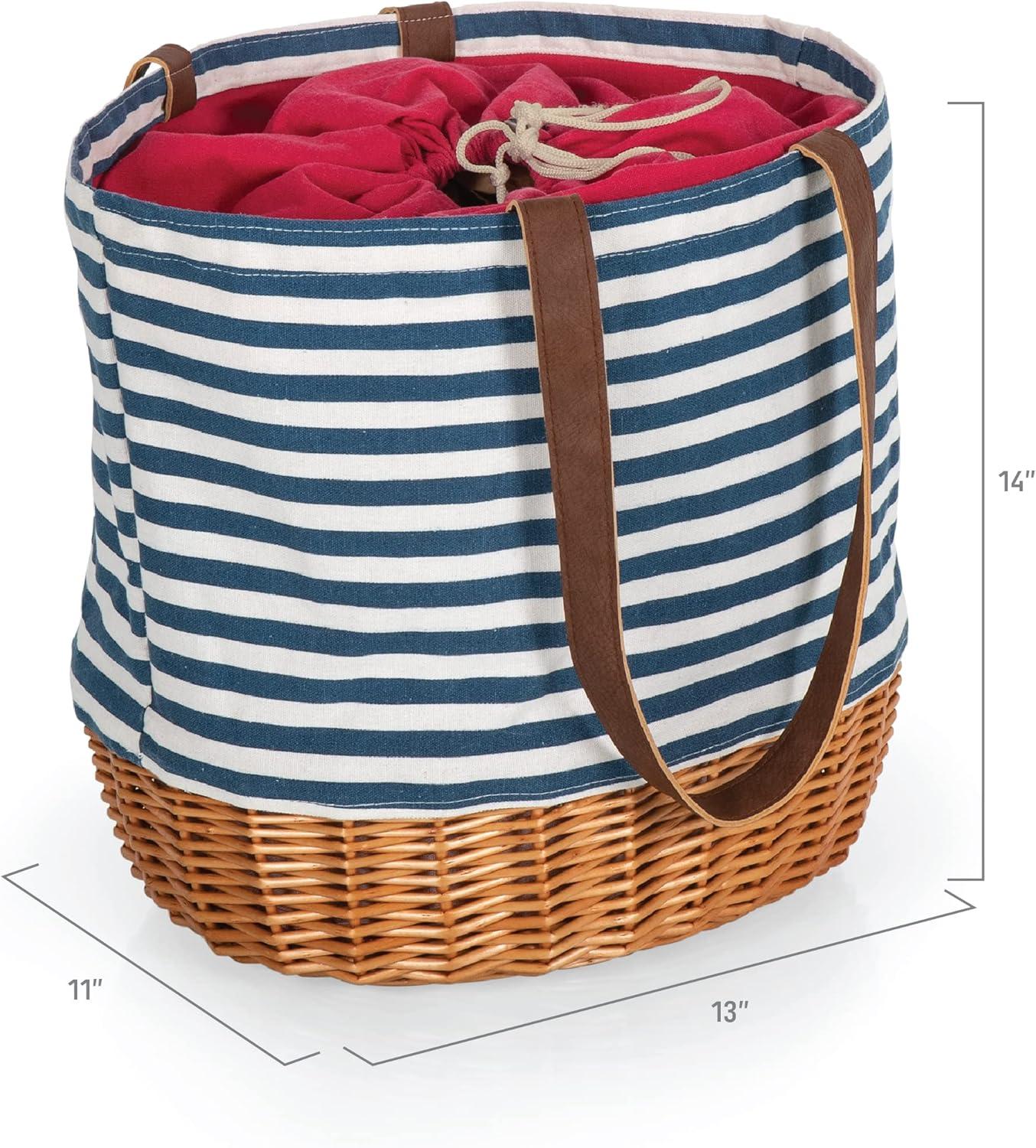 Picnic Time Coronado Canvas and Willow Basket Tote with Navy Blue and White Stripe
