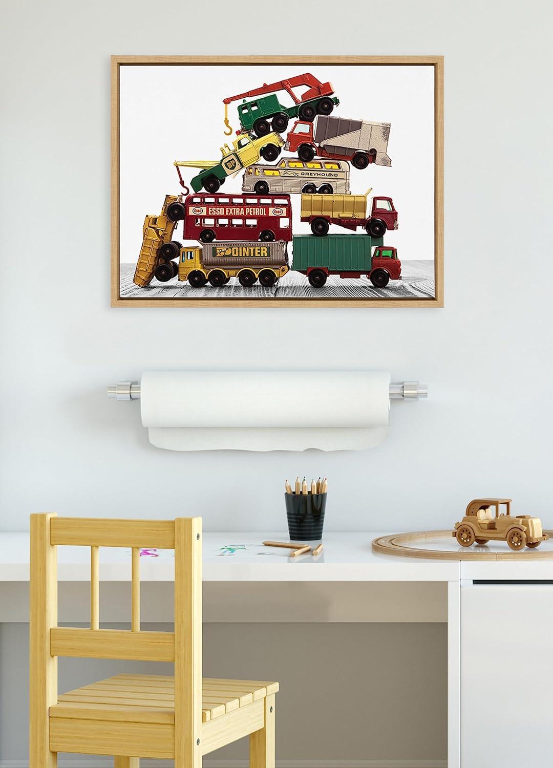 Kate and Laurel Sylvie Vintage Stacked Matchbox Work Vehicles Pile Framed Canvas Wall Art by Saint and Sailor Studios, 18x24 Natural, Modern Colorful Car Toys Art for Wall