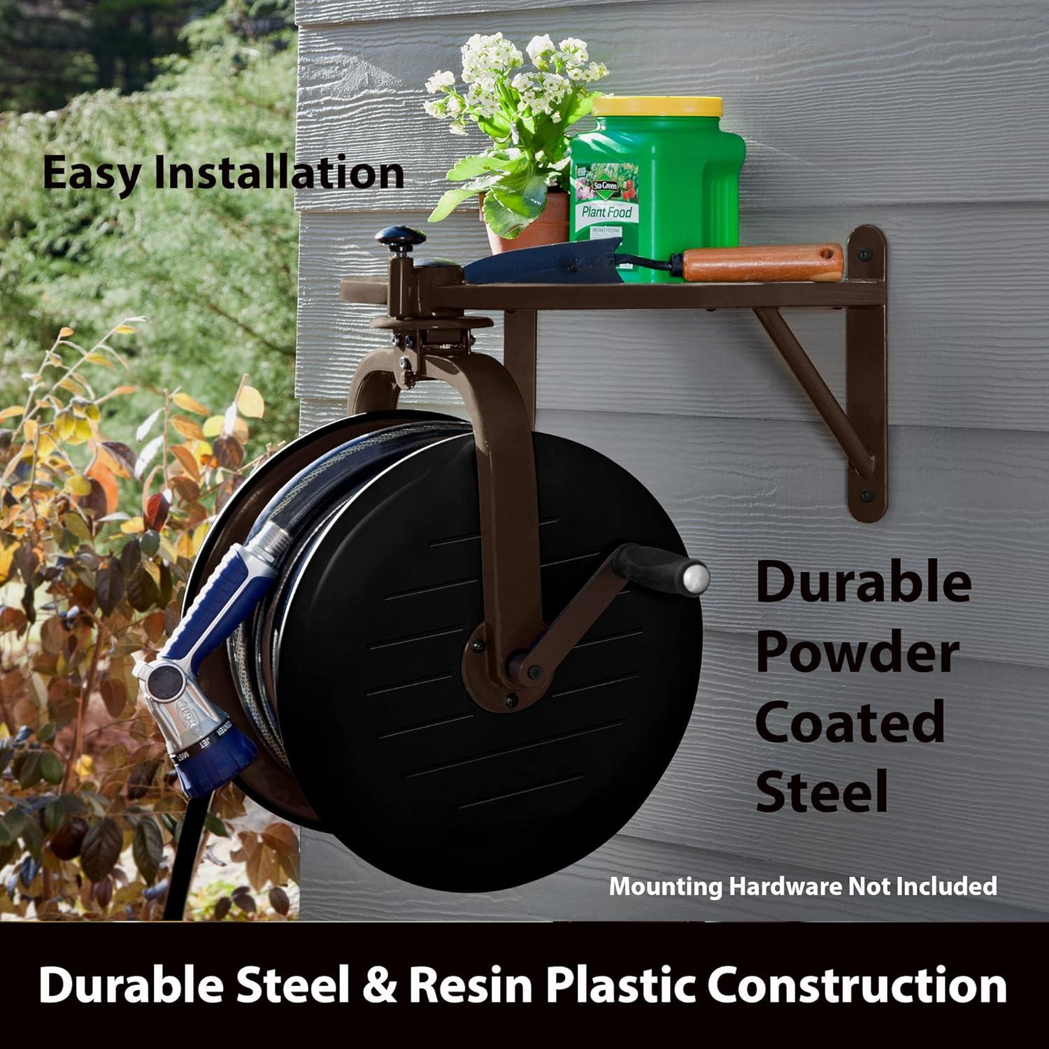 Bronze and Black Steel Wall-Mount Rotating Hose Reel