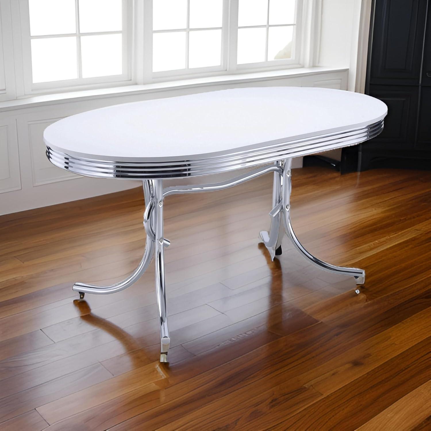 Maykoosh Lakeside Living 60 Inch Oval Dining Table, Glossy White Wood Top, Ribbed Chrome Apron