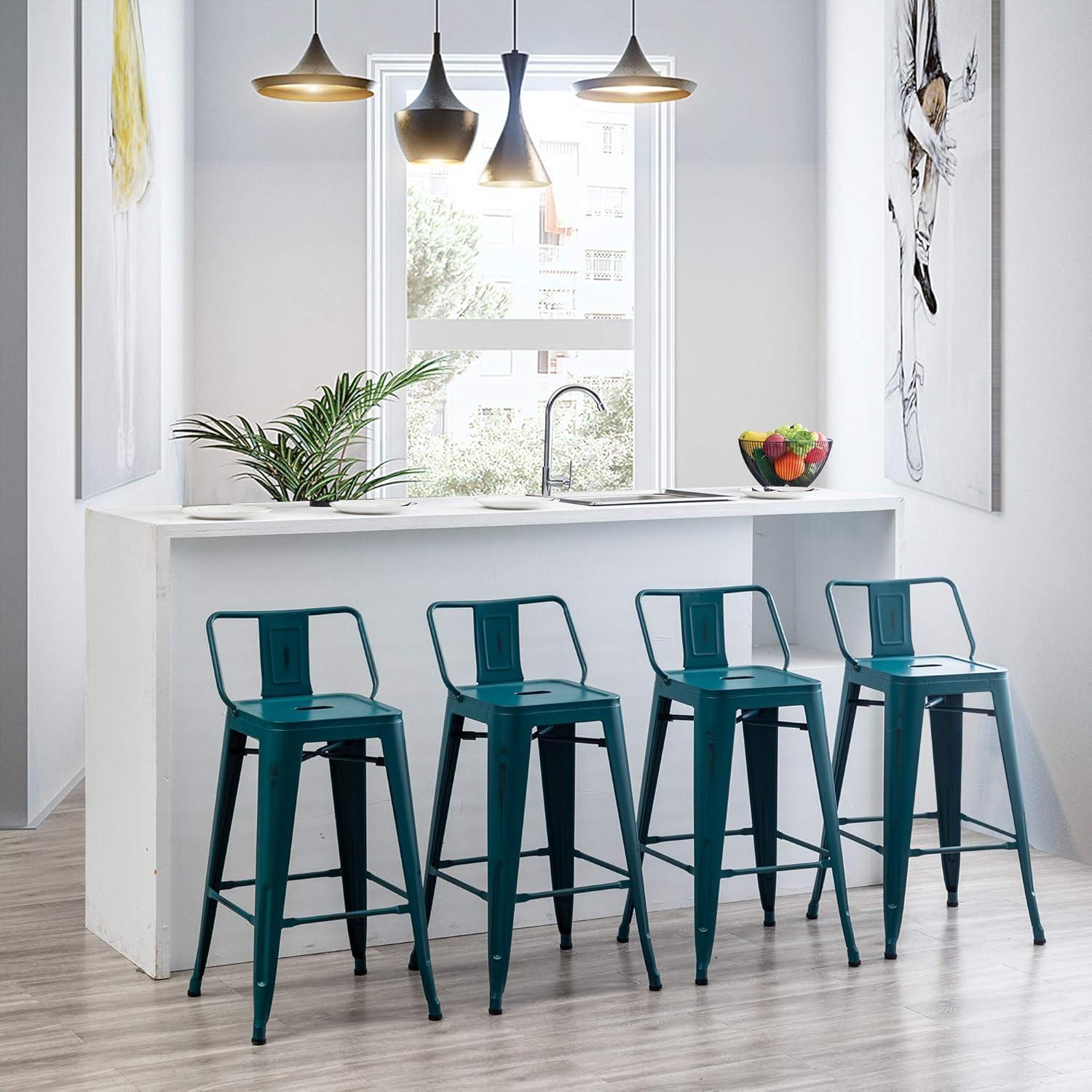 Tyslan Bar Stools Set of 4 Counter Height Stools Industrial Metal Barstools with Wooden Seats(24 Inch, Distressed Teal)