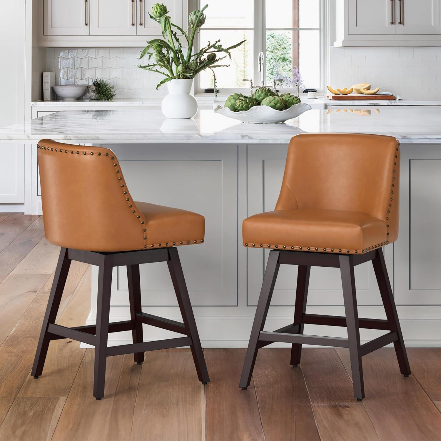 26 Inch Brown Faux Leather Swivel Counter Stools with Wood Legs