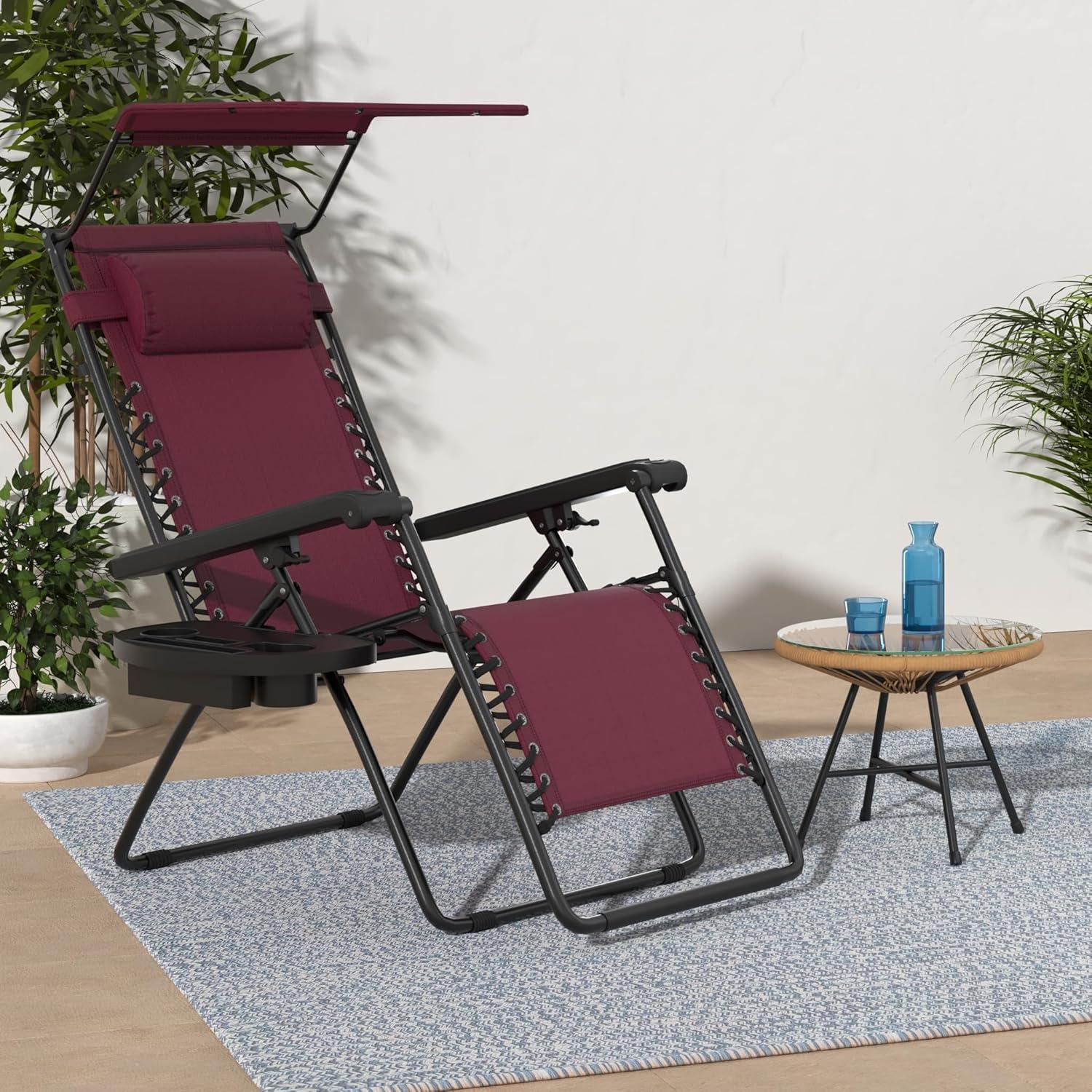 Best Choice Products Folding Zero Gravity Recliner Patio Lounge Chair w/ Canopy Shade, Headrest, Side Tray - Burgundy