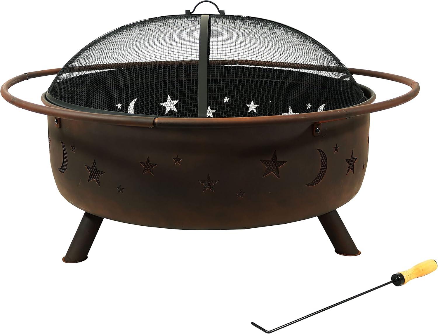 Sunnydaze Cosmic 42" Round Wood-Burning Bronze Finish Steel Fire Pit with Spark Screen