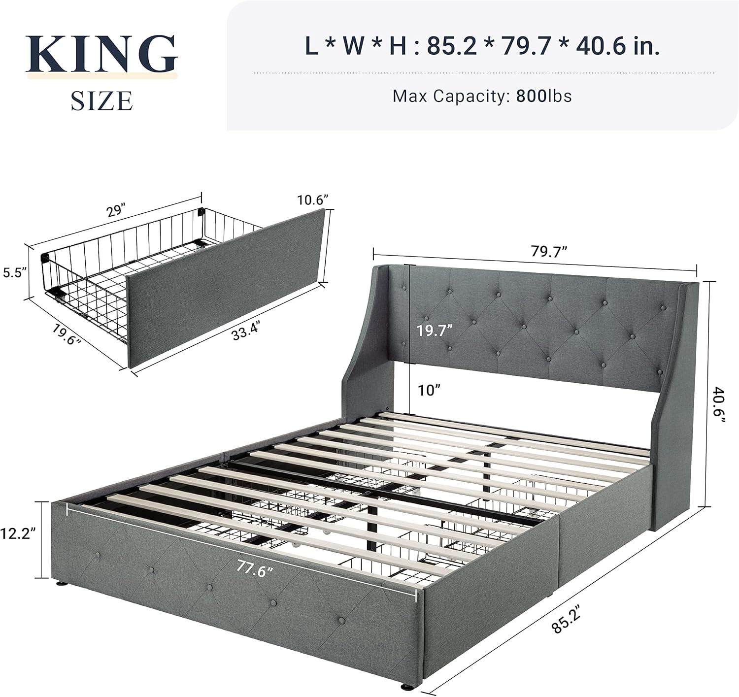 Allewie King Size Bed Frame with 4 Storage Drawers and Button Tufted & Wingback Headboard, Light Grey