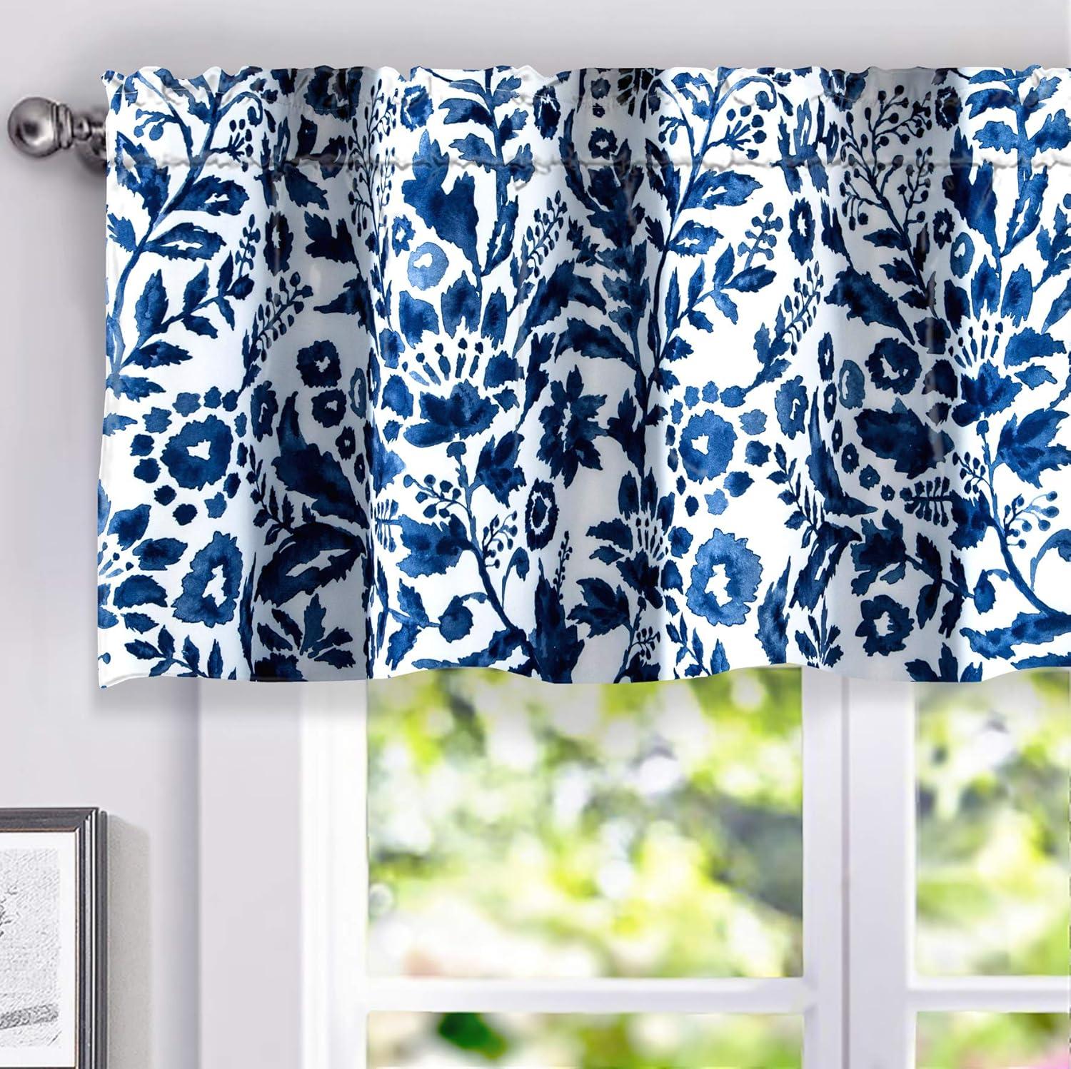 Navy Floral Watercolor Thermal Insulated Rod Pocket Valance