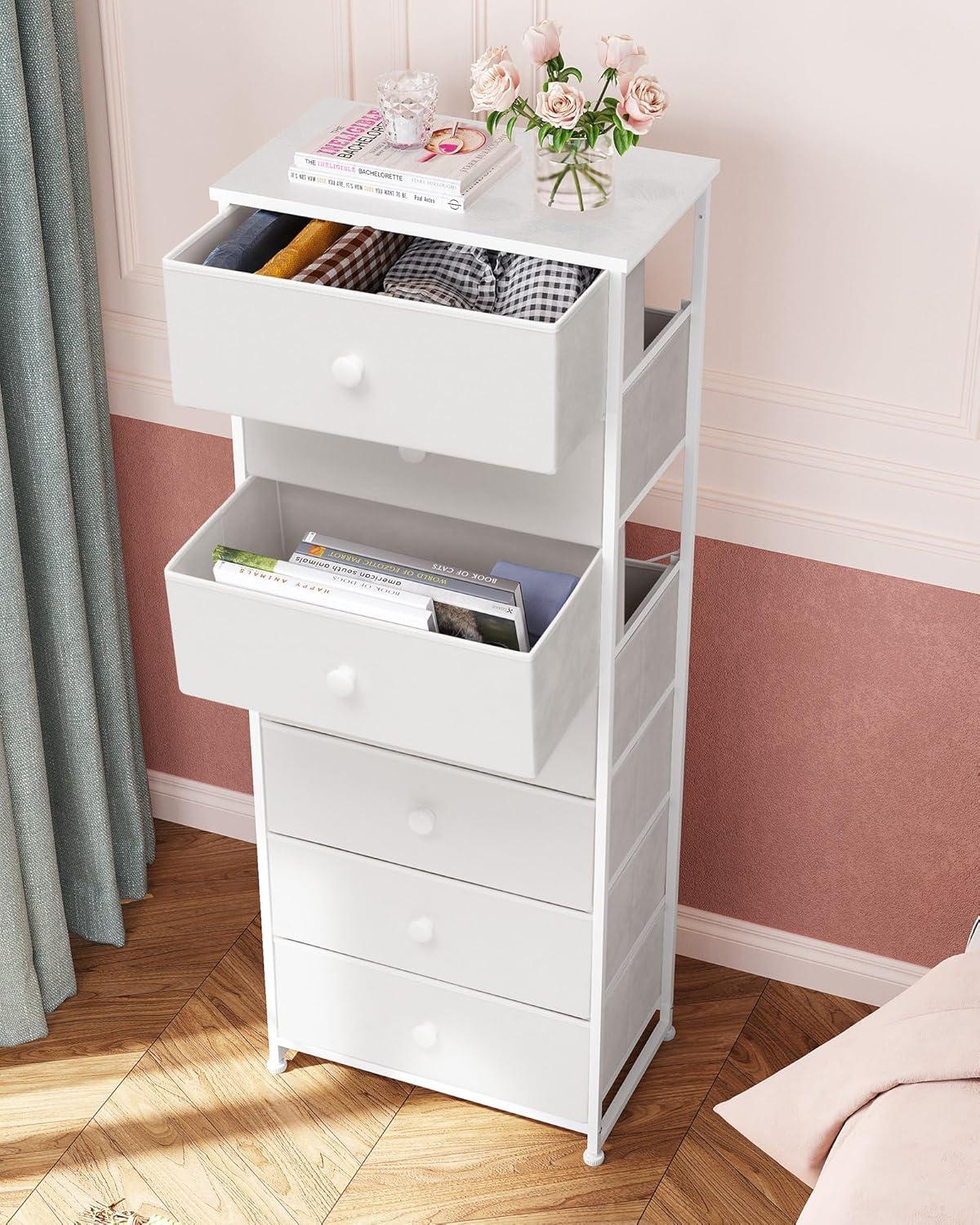 White Vertical 7-Drawer Storage Tower with Light Wood Accents