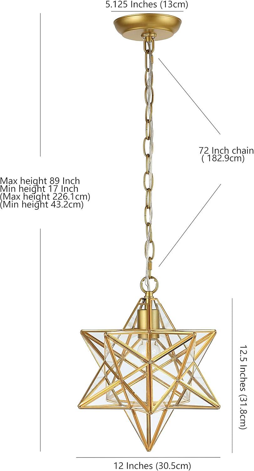 Stella 12" Moravian Star Metal/Clear Glass LED Pendant, Gold Leaf/Clear