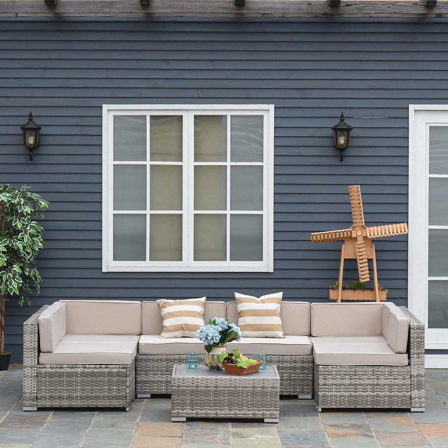Outsunny 7-Piece Patio Furniture Set, Outdoor Wicker Conversation Set, All Weather PE Rattan Sectional Sofa w/ Faux Wood Table, Stripe Pillows, Gray