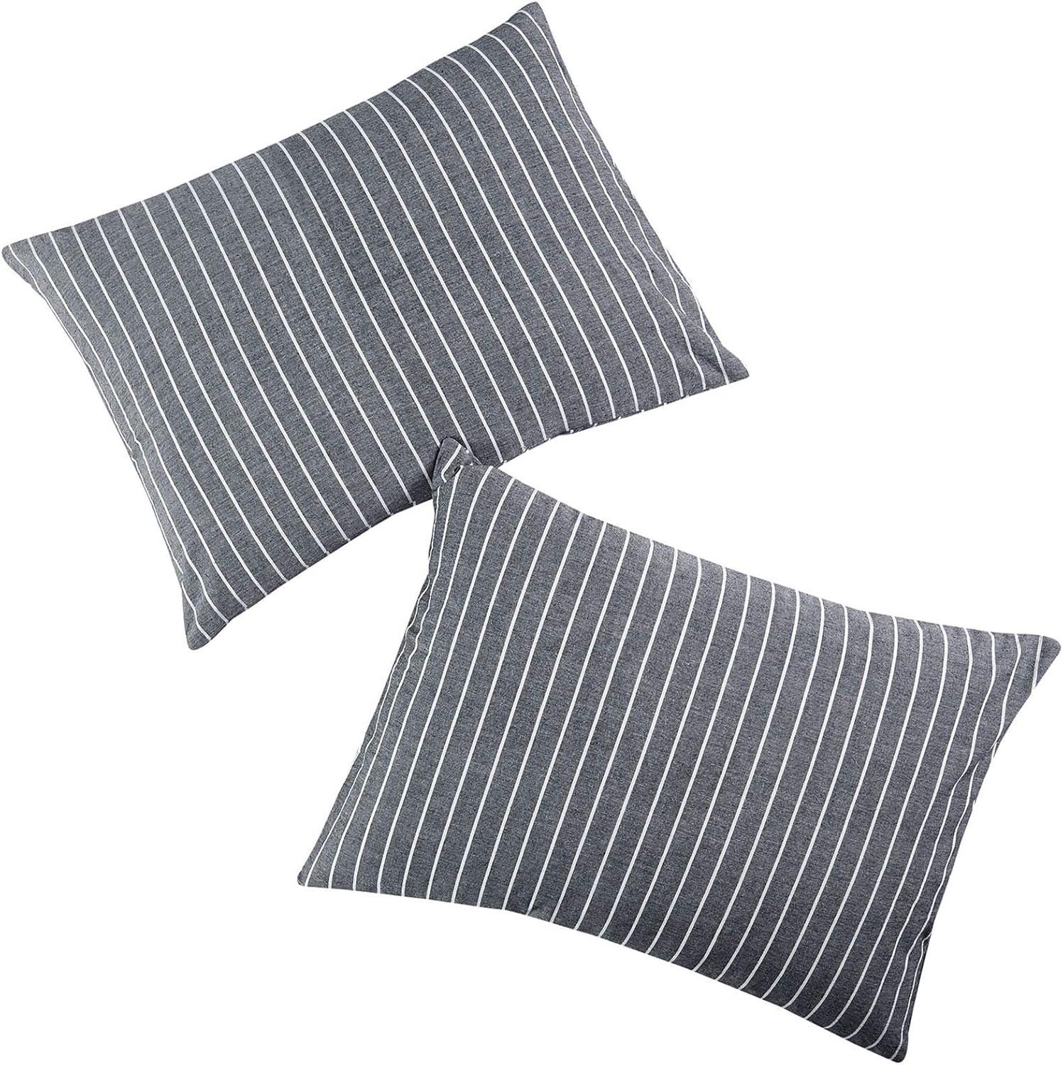 Wake In Cloud - Striped Pillow Cases, 100% Washed Cotton, Ticking Stripe Vertical Pinstripe Neutral Farmhouse, Set of 2 Pillowcases Pillow Shams Covers, Gray, Standard Size 20x26 Inches