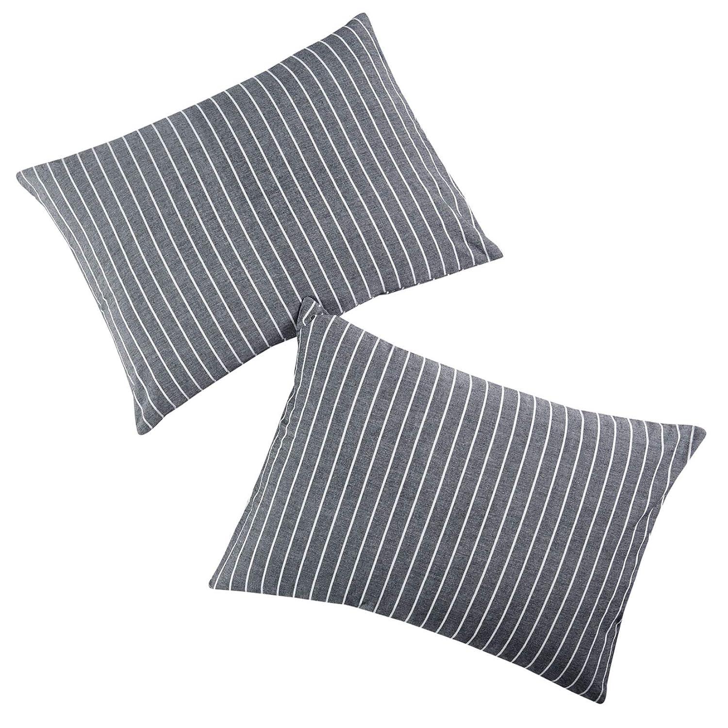 Wake In Cloud - Striped Pillow Cases, 100% Washed Cotton, Ticking Stripe Vertical Pinstripe Neutral Farmhouse, Set of 2 Pillowcases Pillow Shams Covers, Gray, Standard Size 20x26 Inches
