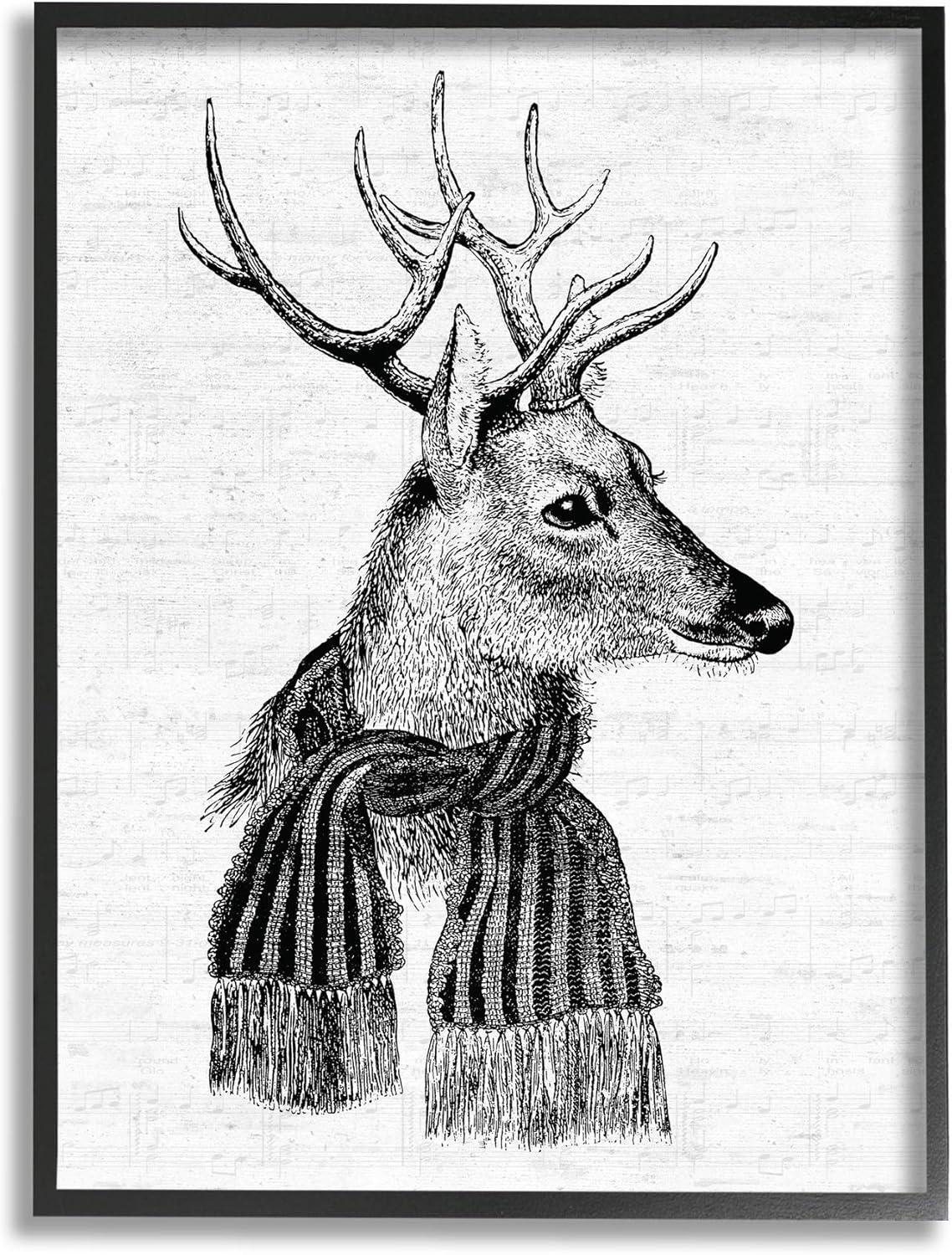 Reindeer in Scarf Black and White Canvas Print with Black Frame, 11 x 14