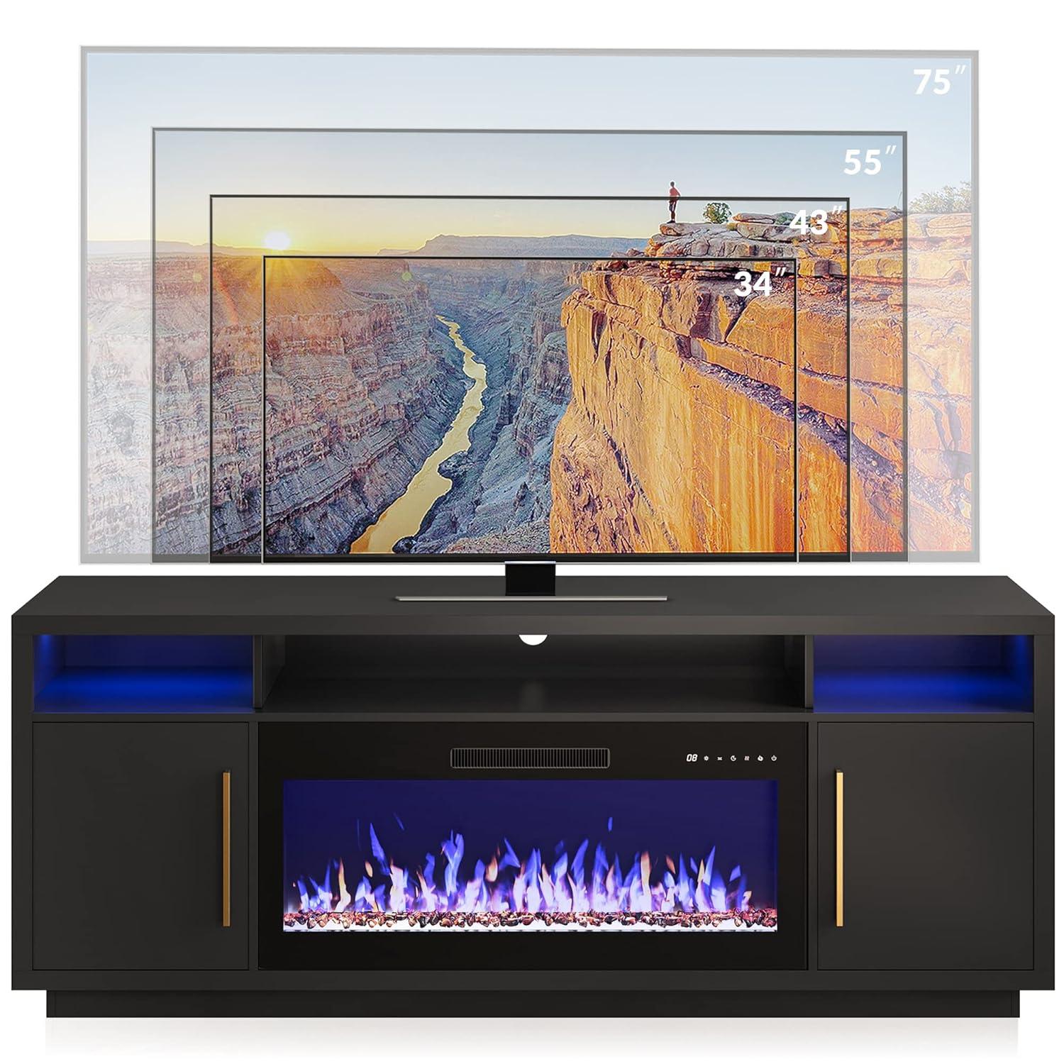 BELLEZE Fireplace TV Stand for TVs Up To 75", Entertainment Center with 36" Electric Fireplace, LED Ambient Lighting, and Storage, Media Console Table 69 Inch - Avenue (Black)