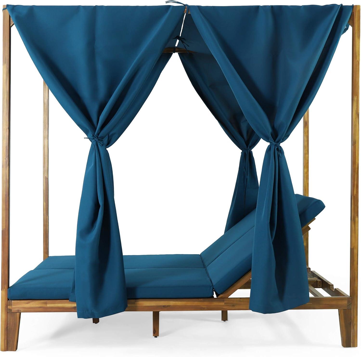 Christopher Knight Home Kinzie Outdoor 2-seat Adjustable Acacia Daybed w/ Curtains by  - 51.25" L x 78.75" W x 78.75" H Teak + Blue