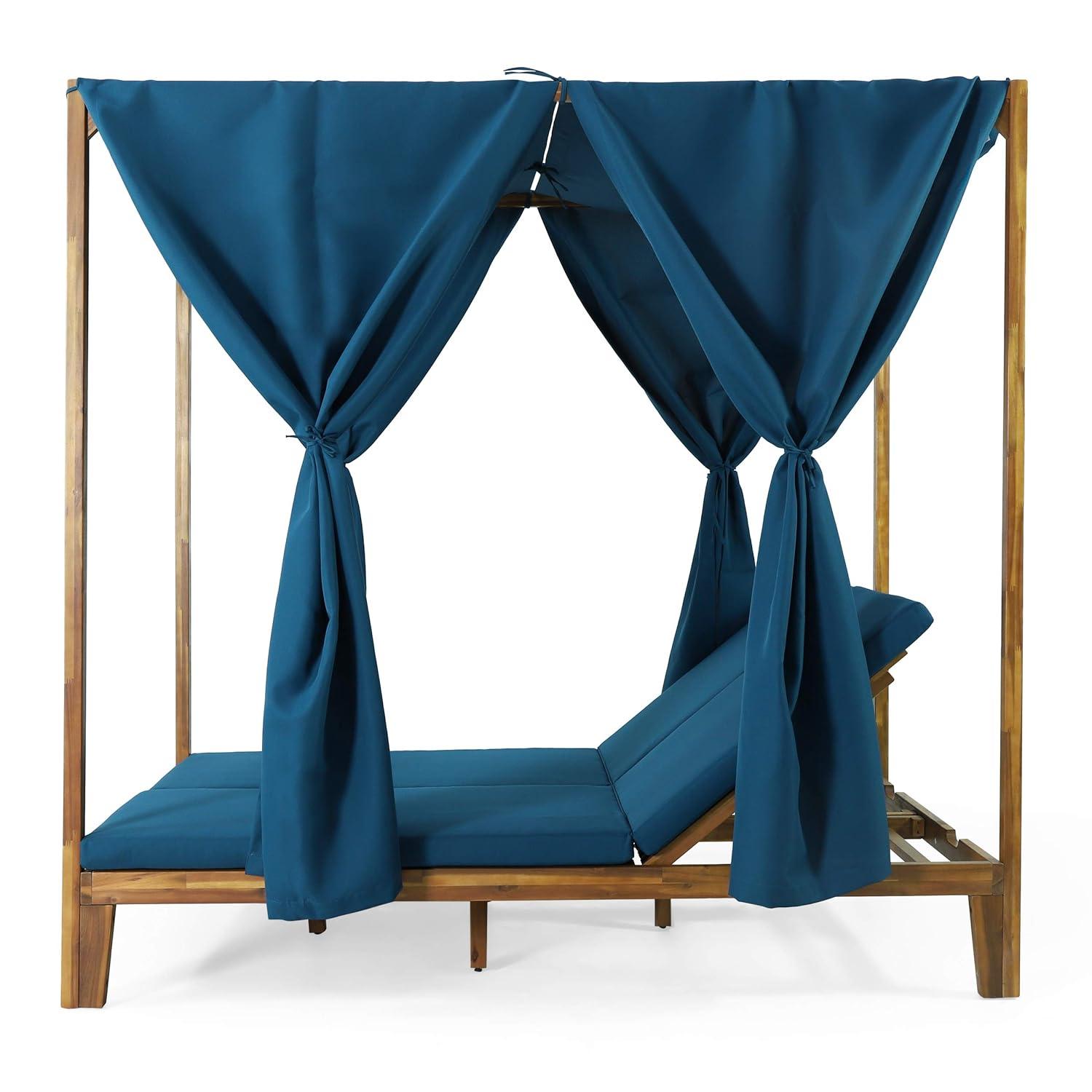 Christopher Knight Home Kinzie Outdoor 2-seat Adjustable Acacia Daybed w/ Curtains by  - 51.25" L x 78.75" W x 78.75" H Teak + Blue