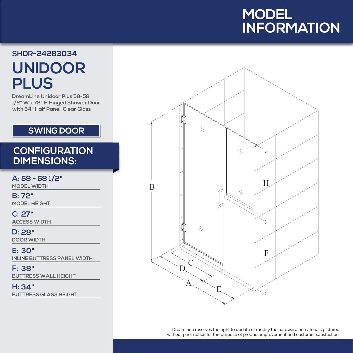 DreamLine Unidoor Plus 58-58 1/2 in. W x 72 in. H Frameless Hinged Shower Door with 34 in. Half Panel in Chrome, SHDR-24283034-01