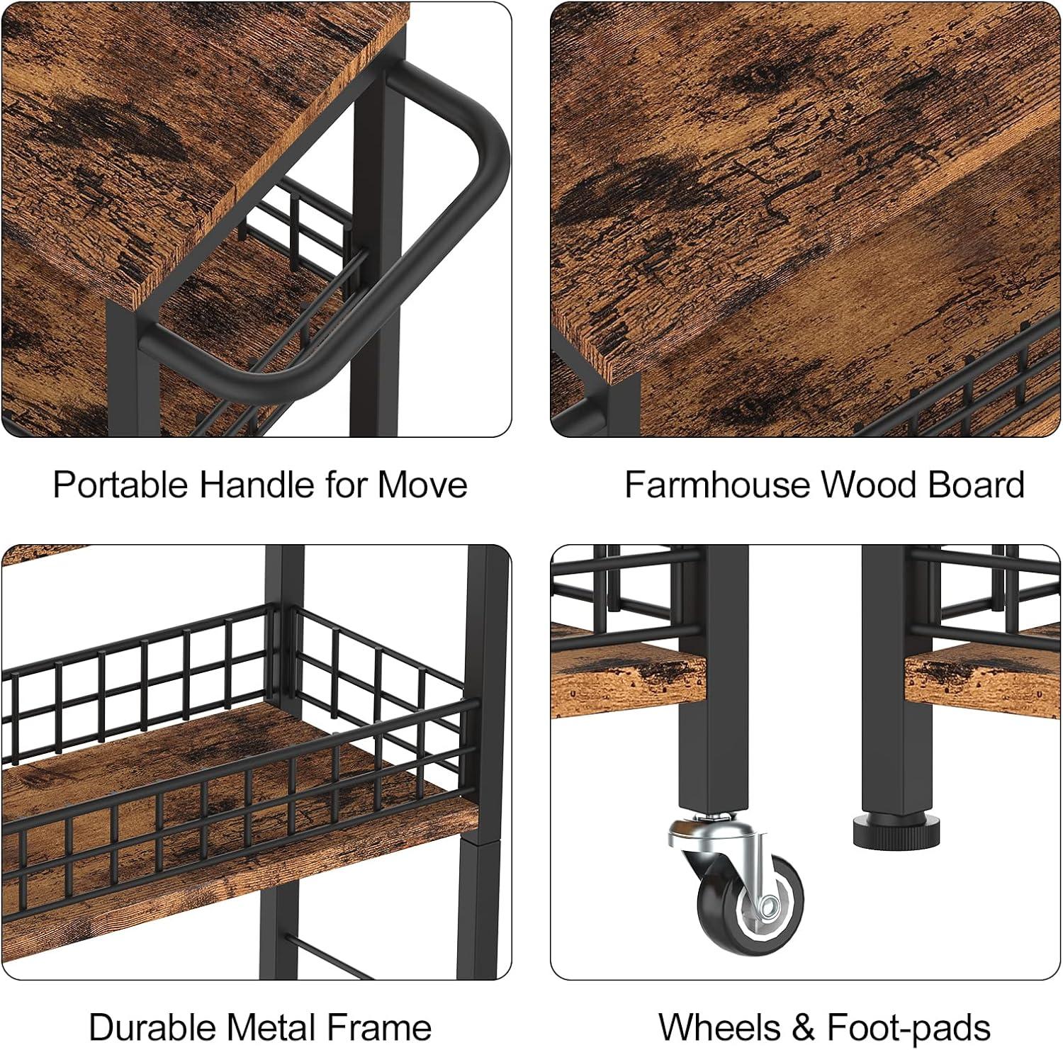 Slim Brown Wood and Metal 4-Tier Rolling Kitchen Cart