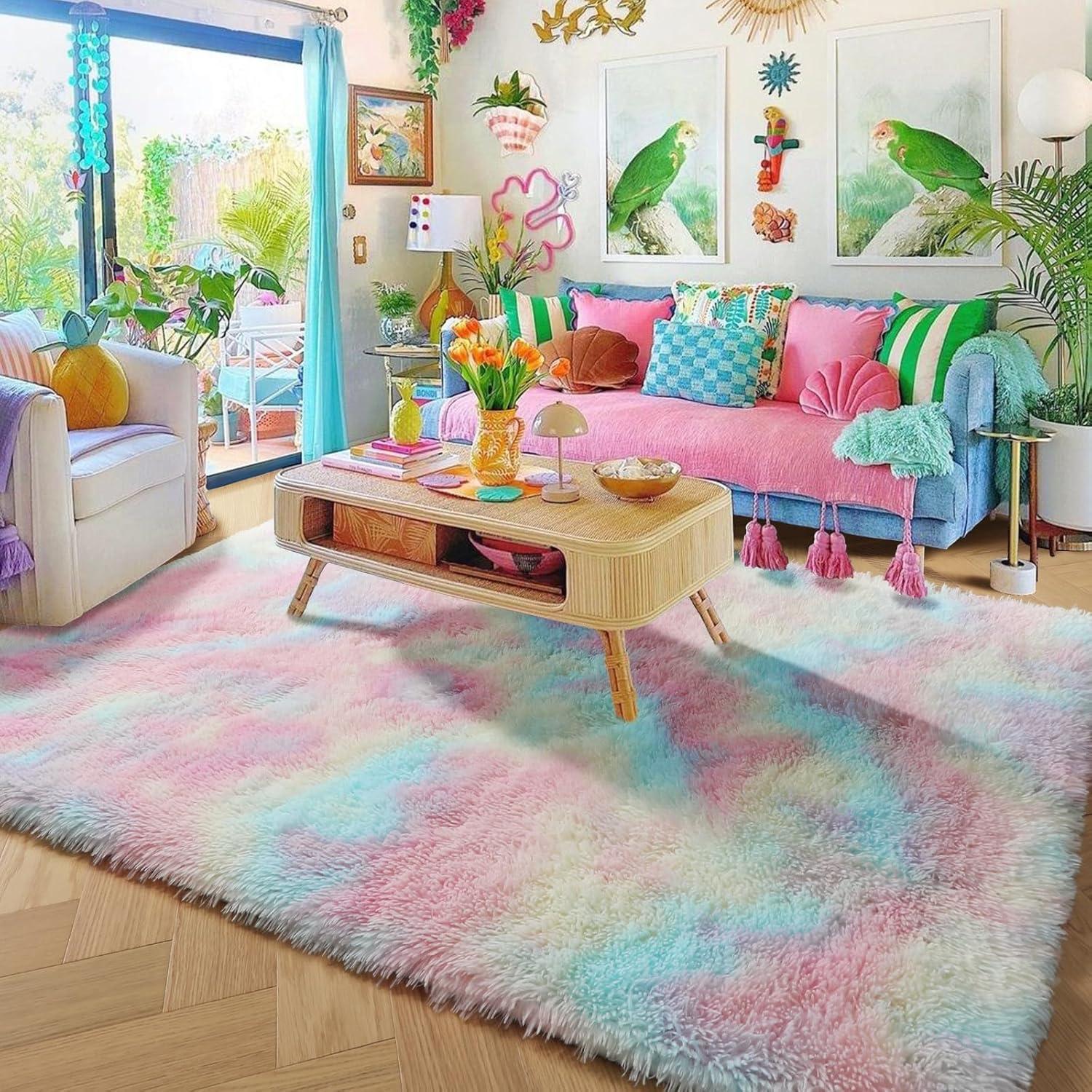 Amdrebio Rainbow Unicorn Colorful Kids Rugs for Girls Bedroom, 8x10 Fluffy Shag Area Rugs for Playroom Classroom, Large Pastel Room Decor Aesthetic, Cute Fuzzy Kawaii Princess Carpet for Baby Toddler