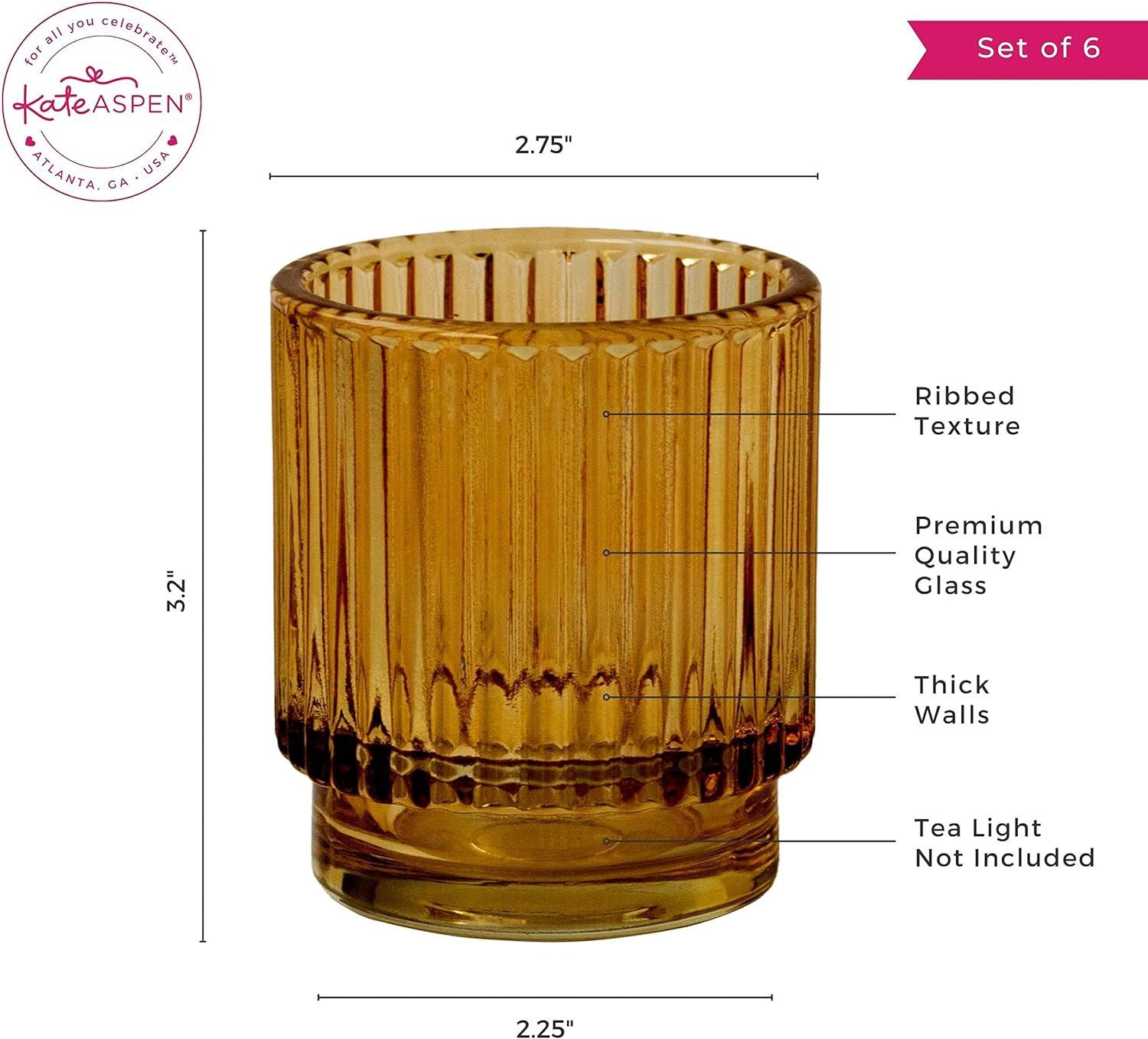 Ribbed Amber Glass Tealight Candle Holders Set of 6