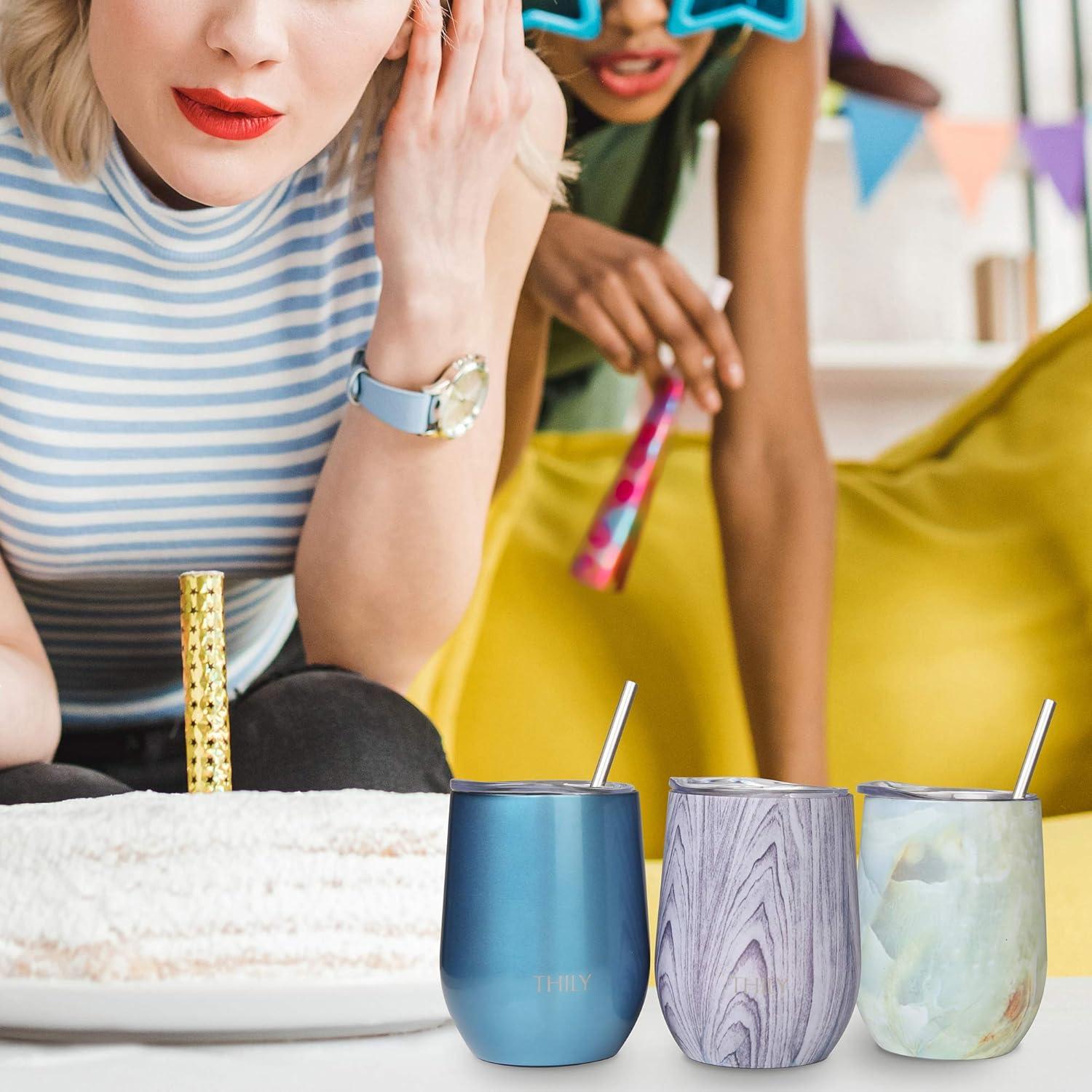 Wine Tumbler Vacuum Insulated Stemless - THILY 12 oz Triple-Insulated Stainless Steel Wine Glass with Lid and Straw, Cute Travel Cup Keep Cold or Hot for Coffee, Cocktails, Wood Grain