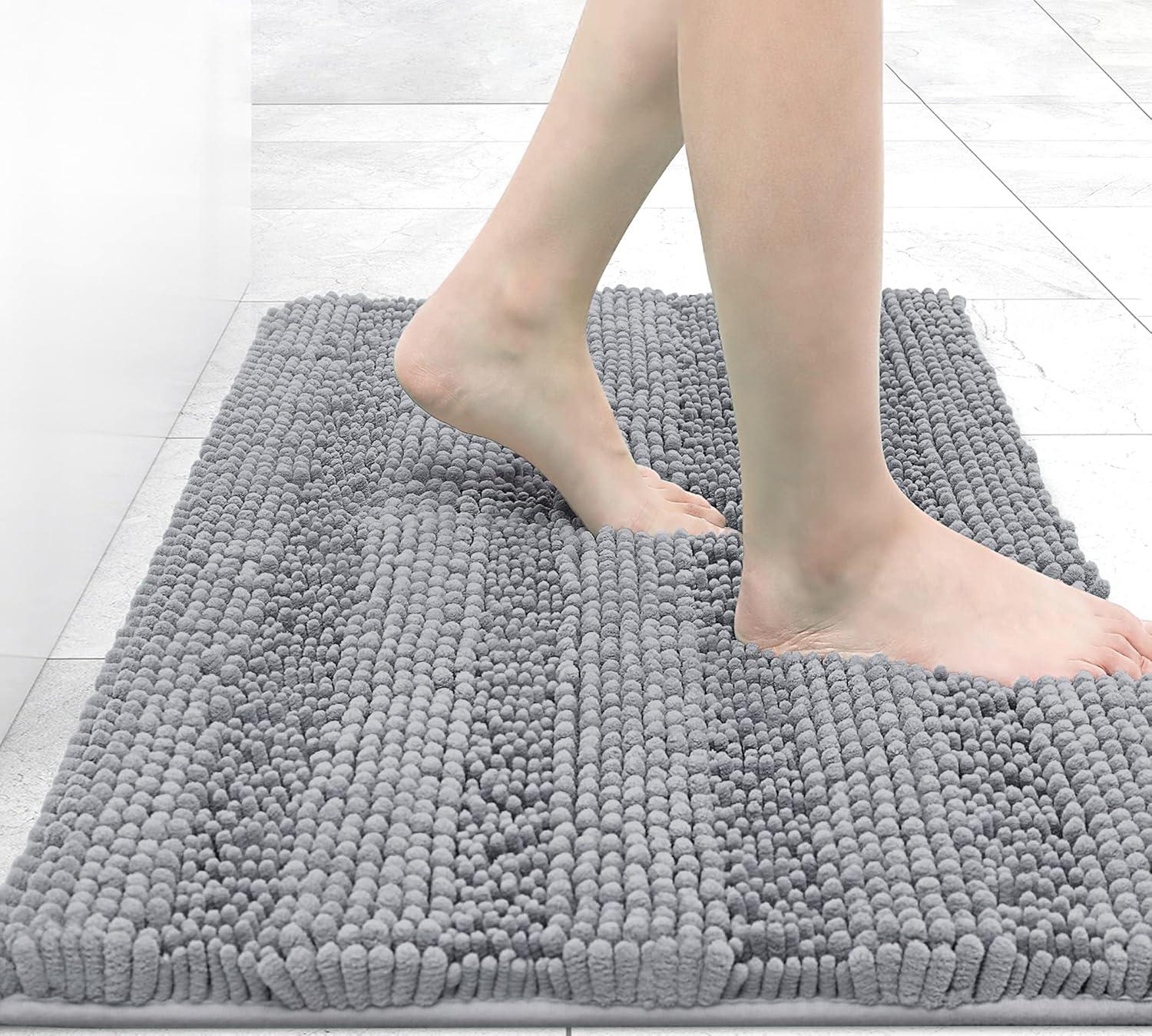 Light Gray Chenille Striped Anti-Slip Bath Rug 16x24