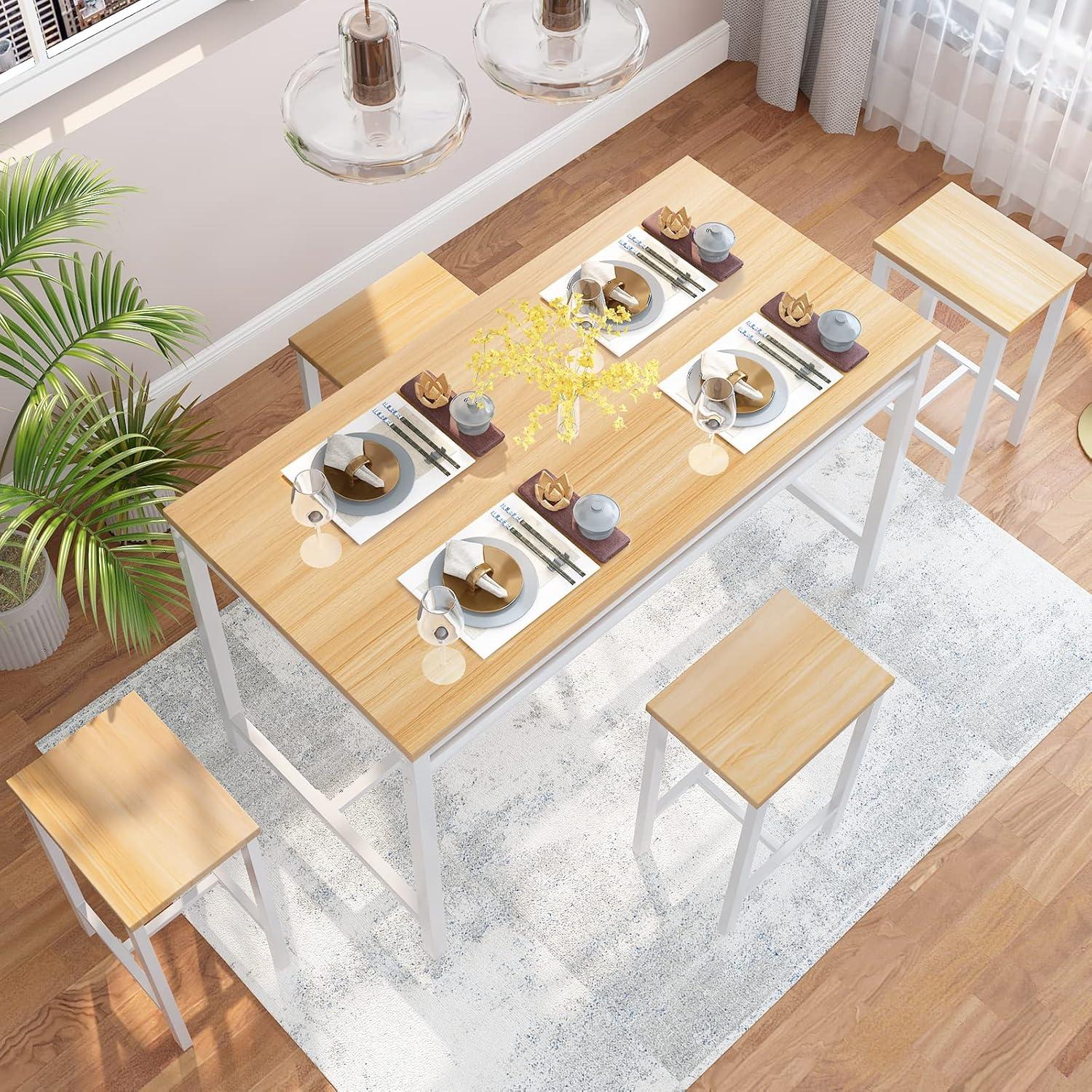 Counter Height Bar Table Set, 5 Piece Dining Table Set, Modern Pub Table with 4 Stools, Home Dining Table and Stools Set, 4-Person Kitchen Breakfast Table Set, Rustic Brown, D8995