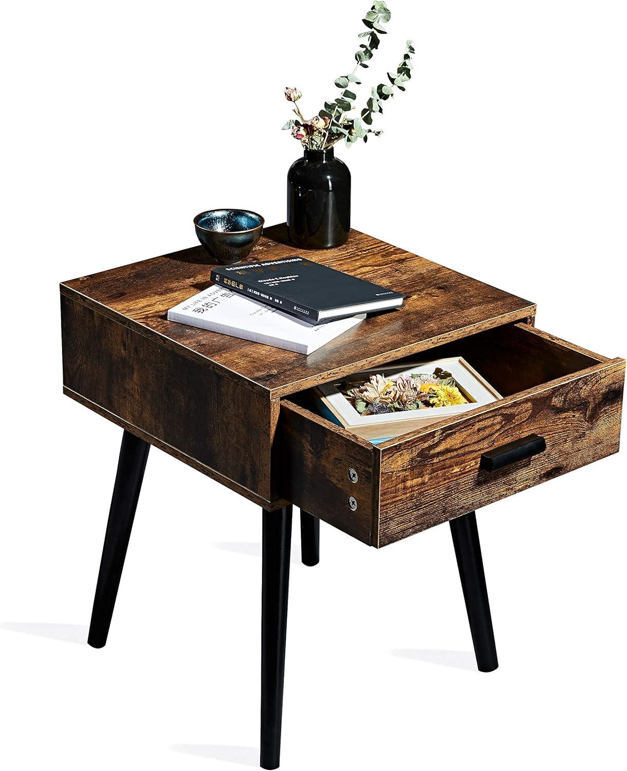 Rustic Brown Wood Nightstand with Drawer and Black Legs