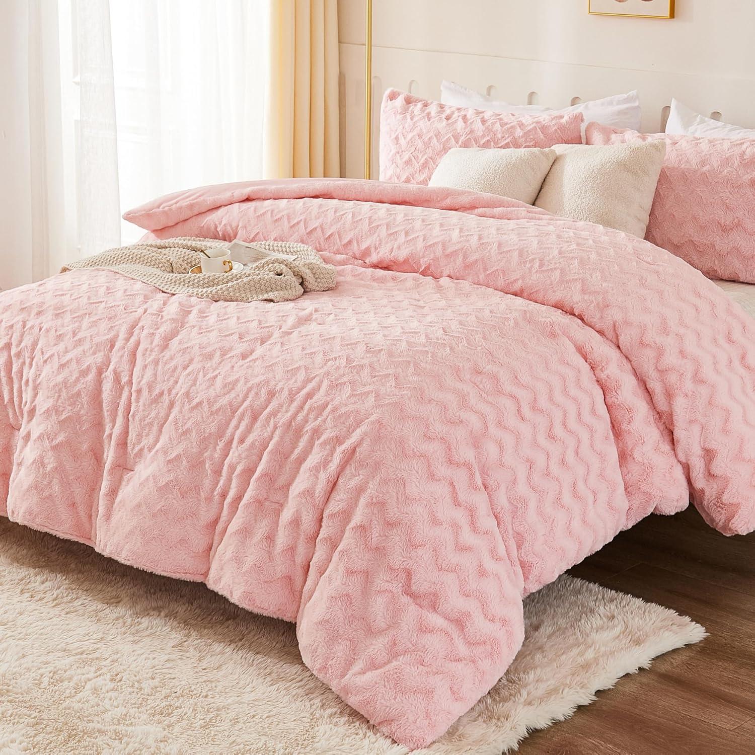 Andency Pink Faux Fur Comforter Set Full, 3 Pieces Fleece Fuzzy Shaggy Plush Sherpa Bedding Set for Women Girls, Fluffy Soft Warm Bed Set for Winter