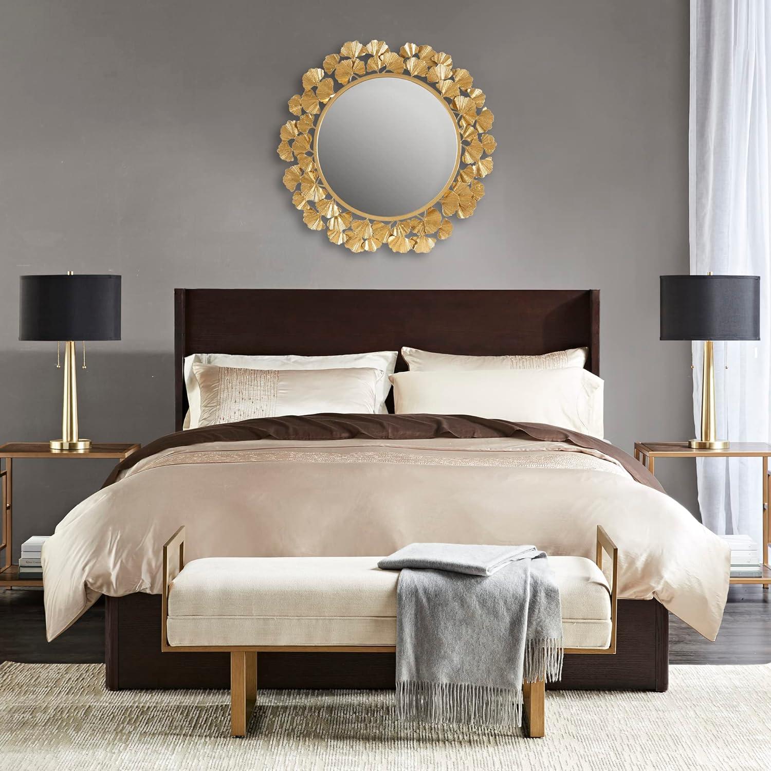 Luxurious Eden Gold Ginkgo Leaf Round Wood Wall Mirror 31"