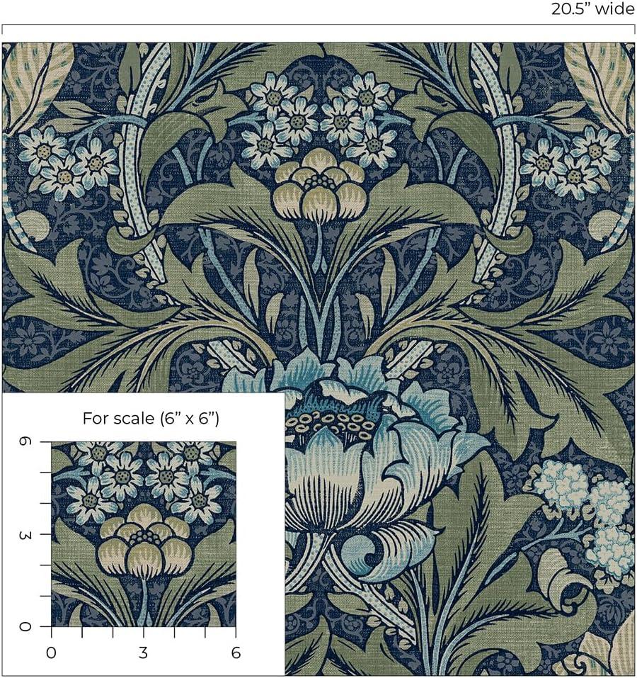 Seabrook Designs  Acanthus Floral Prepasted Wallpaper 20.5 in. W x 33 ft. L - Denim & Sage