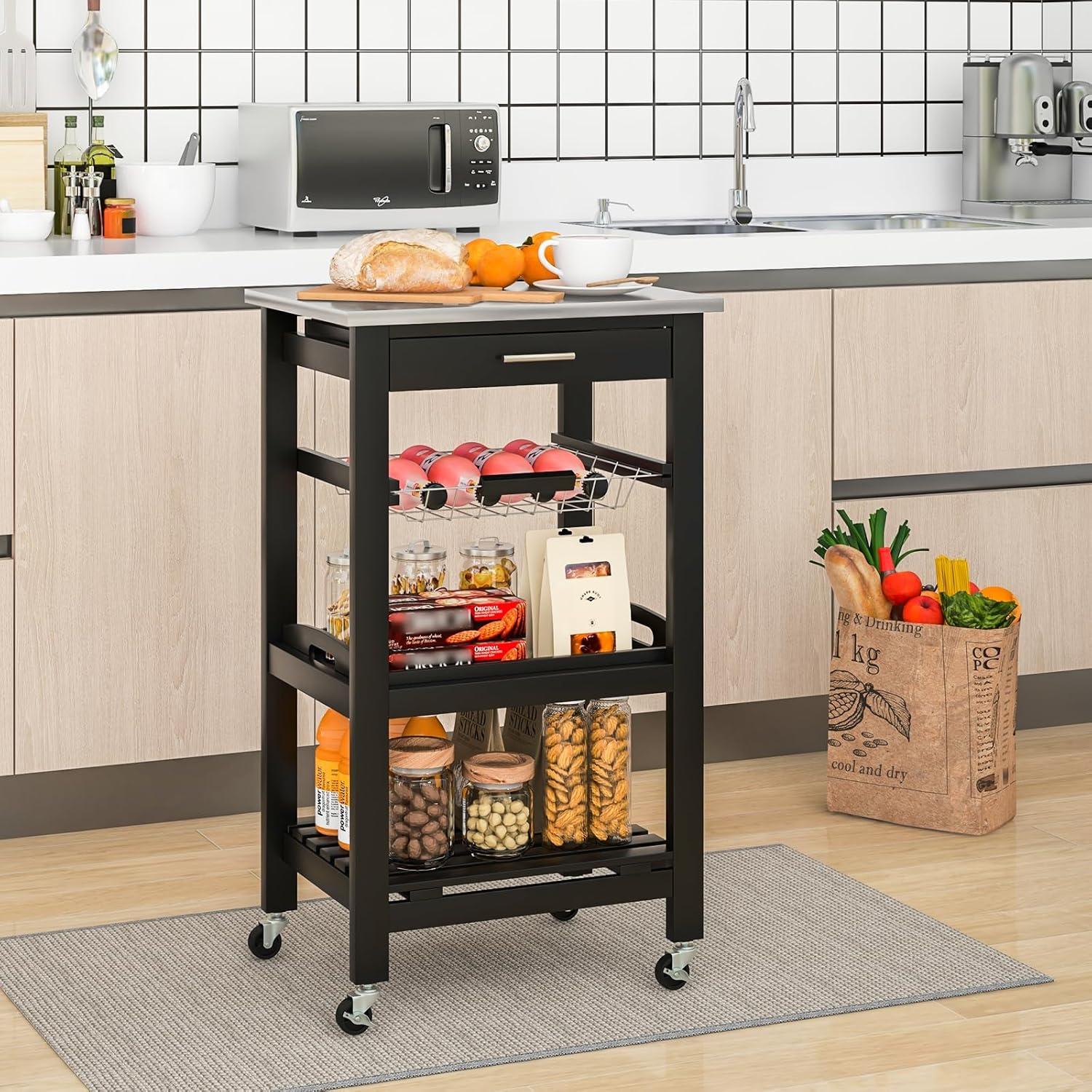 Resenkos Kitchen Island Cart with Stainless Steel Tabletop and Basket-Black, Kitchen Island, Island Table for Kitchen,Dinning Room