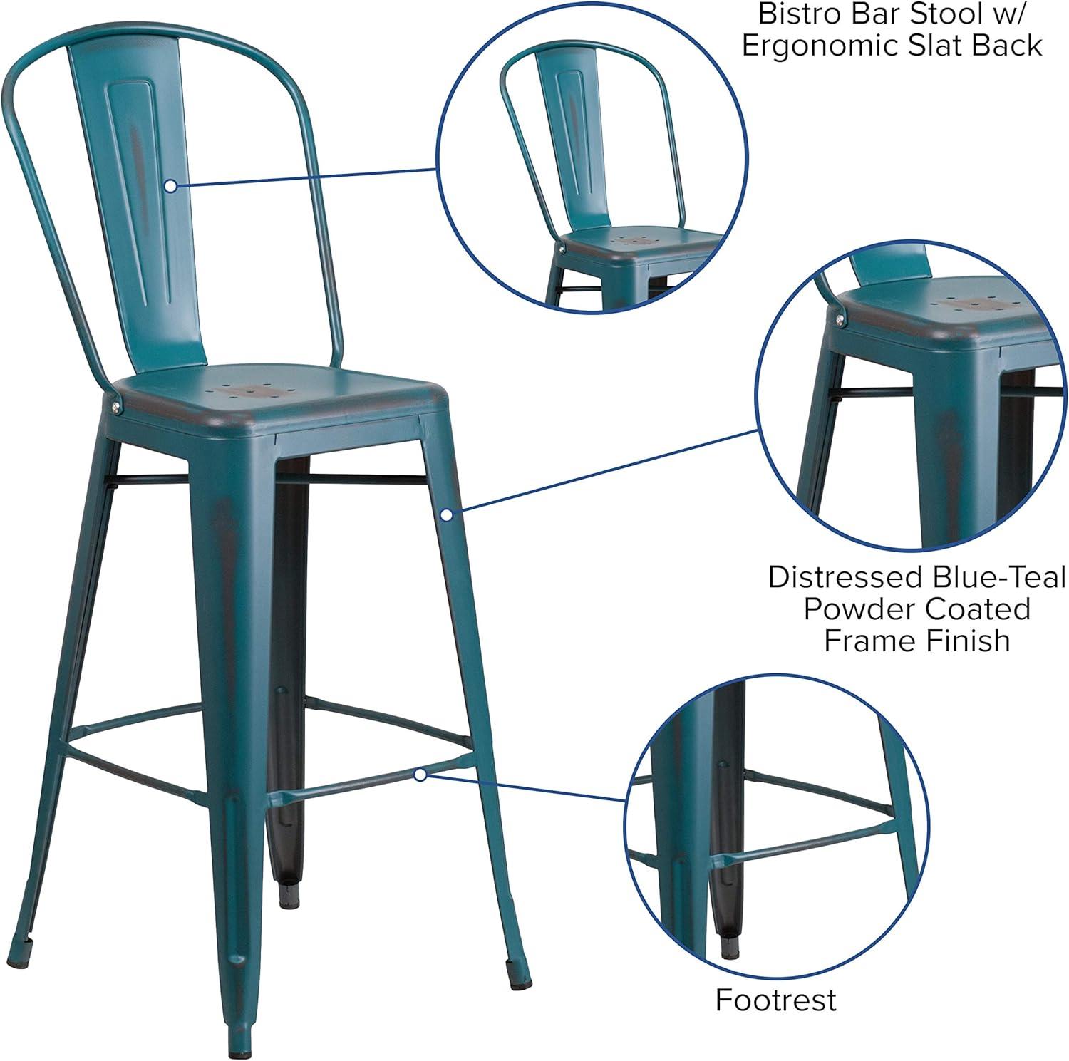 Flash Furniture Commercial Grade 30" High Distressed Kelly Blue-Teal Metal Indoor-Outdoor Barstool with Back