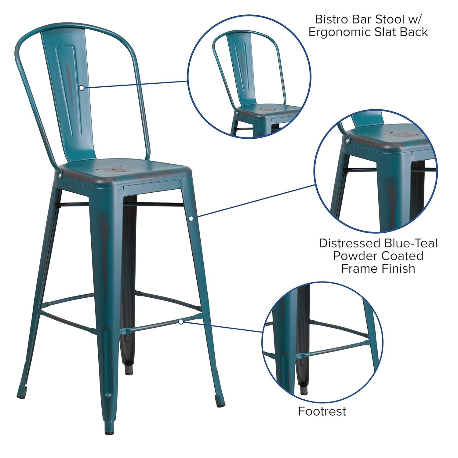 Flash Furniture Commercial Grade 30" High Distressed Kelly Blue-Teal Metal Indoor-Outdoor Barstool with Back