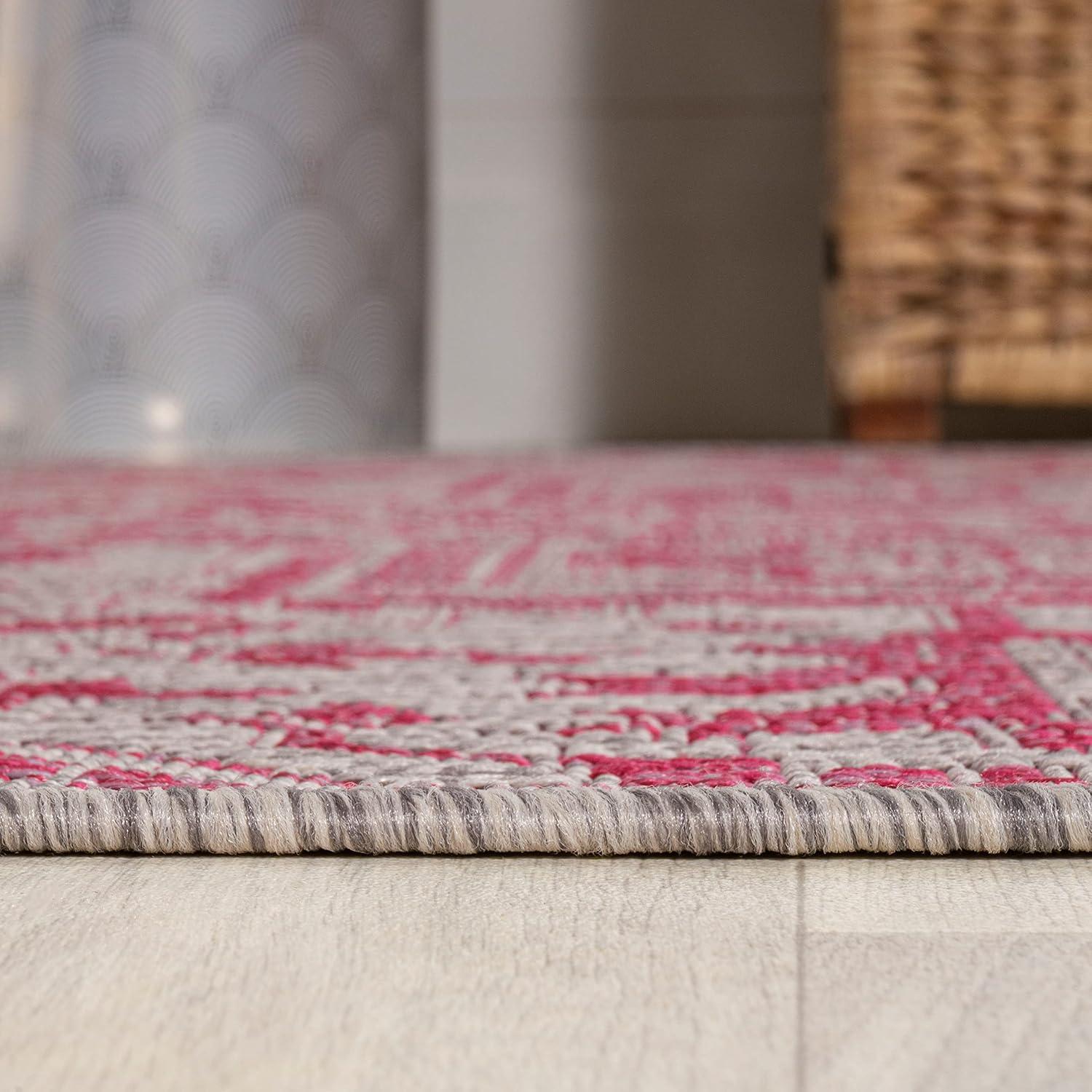4' x 6' Estrella Bohemian Medallion Textured Weave Indoor/Outdoor Area Rug, Light Gray/Fuchsia - JONATHAN Y