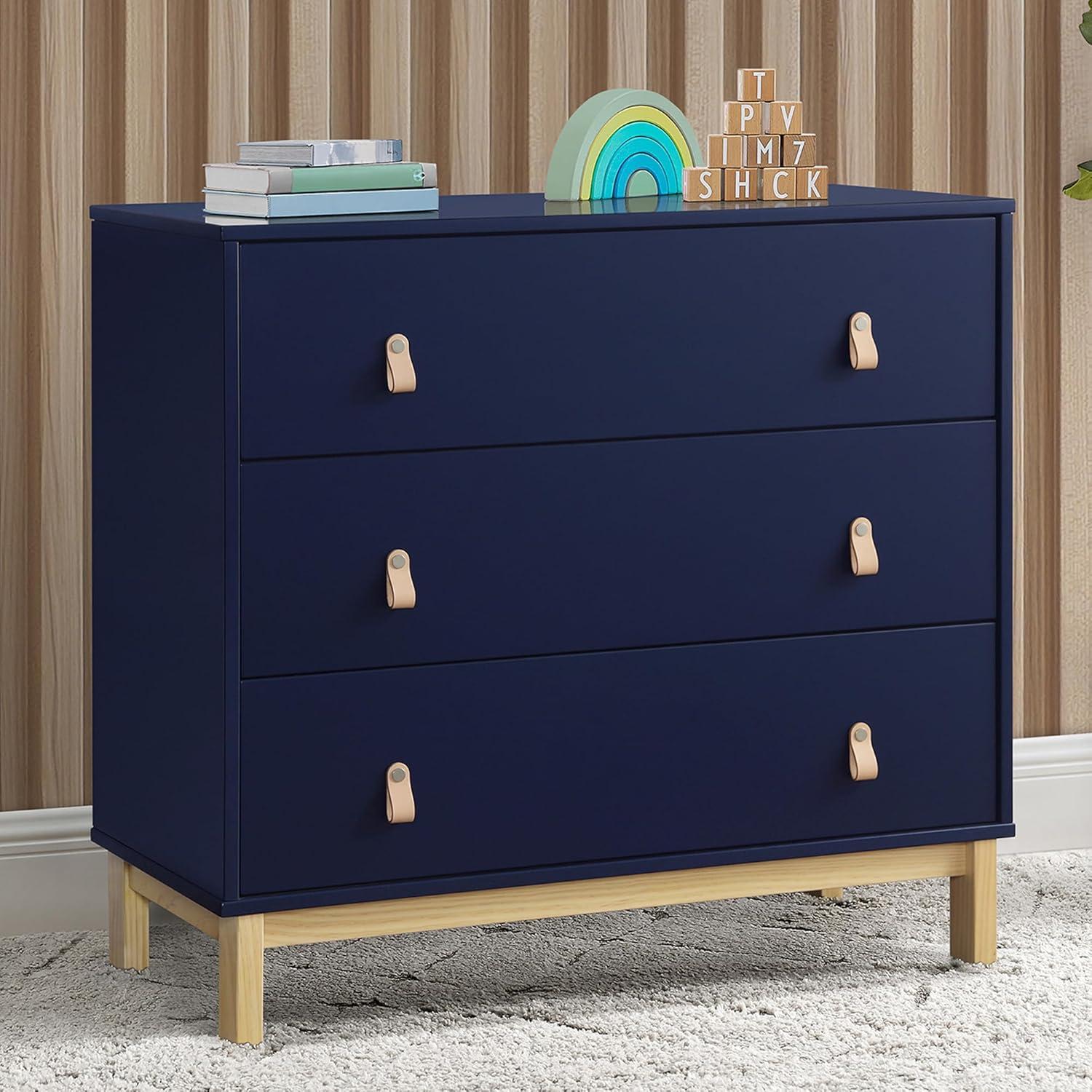 Navy and Natural Pine 3-Drawer Nursery Dresser with Leather Pulls