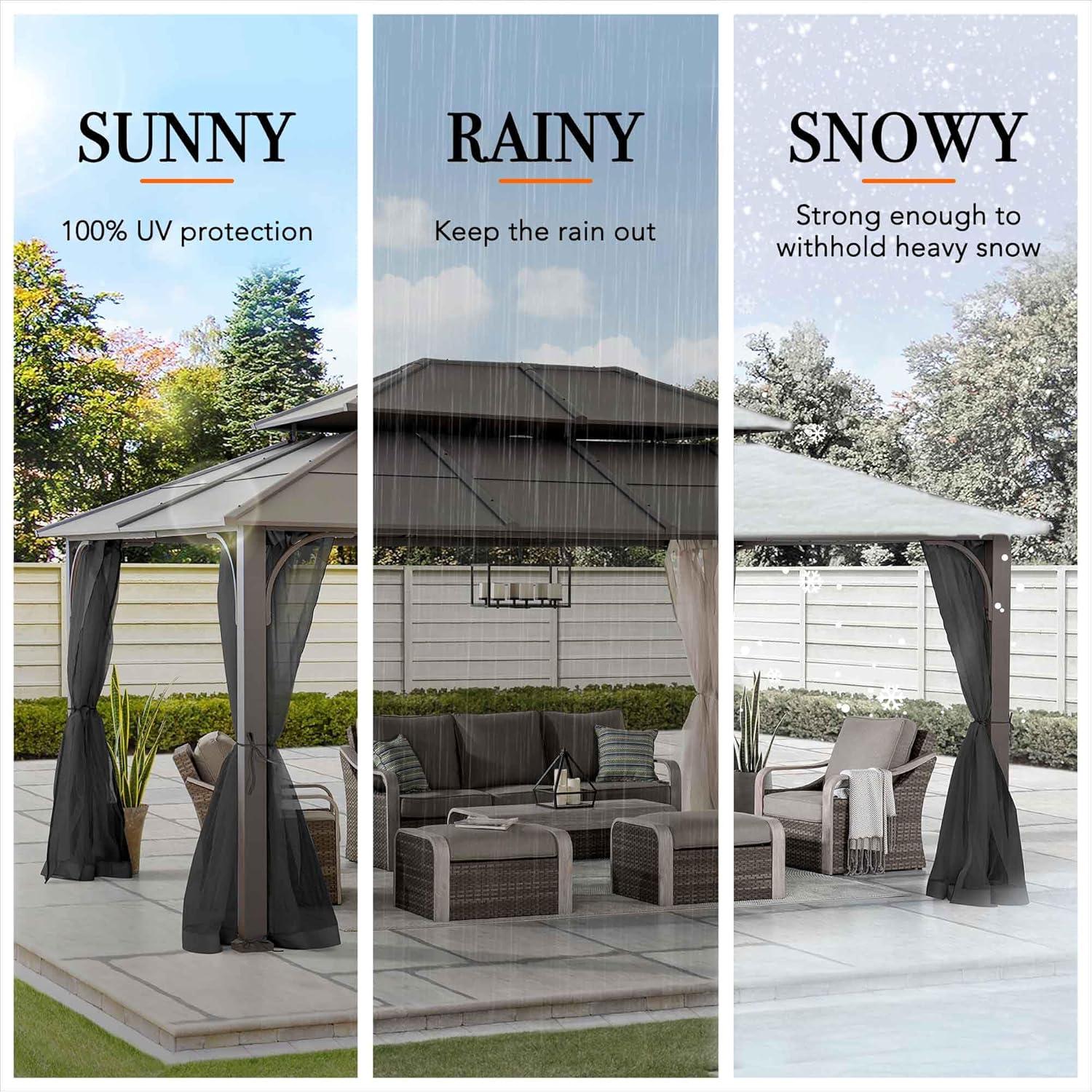 Sunjoy Hardtop Gazebo 12 x 16 ft. Outdoor Gazebo, Heavy Duty Steel Frame Gazebo, Double Tiered Metal Gazebo with Ceiling Hook and Removable Netting Sidewalls