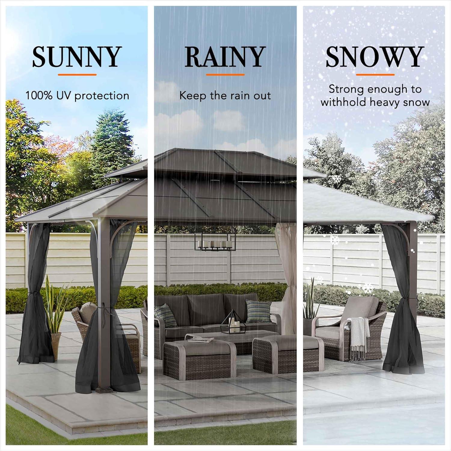 Sunjoy Sunjoy Hardtop Gazebo 12 x 16 ft. Outdoor Gazebo, Heavy Duty Steel Frame Gazebo, Double Tiered Metal Gazebo with Ceiling Hook and Removable Netting Sidewalls