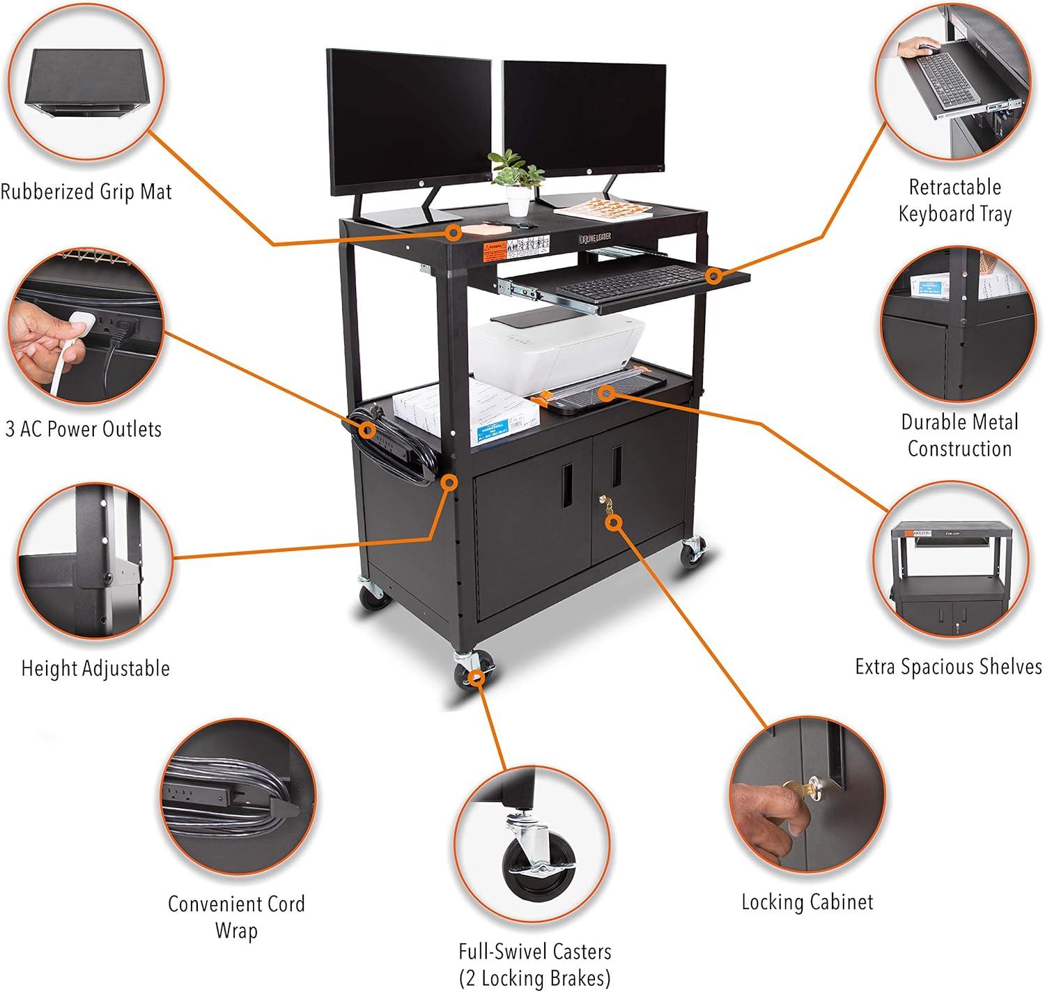 Black Adjustable Height AV Cart with Locking Cabinet and Keyboard Tray